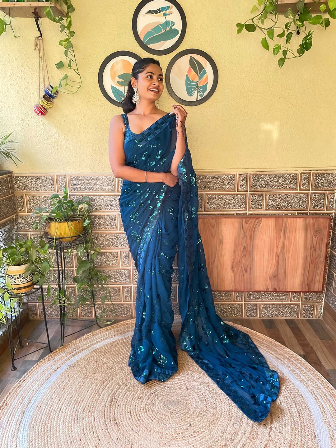 Mitera Teal Blue Embellished Sequinned Saree