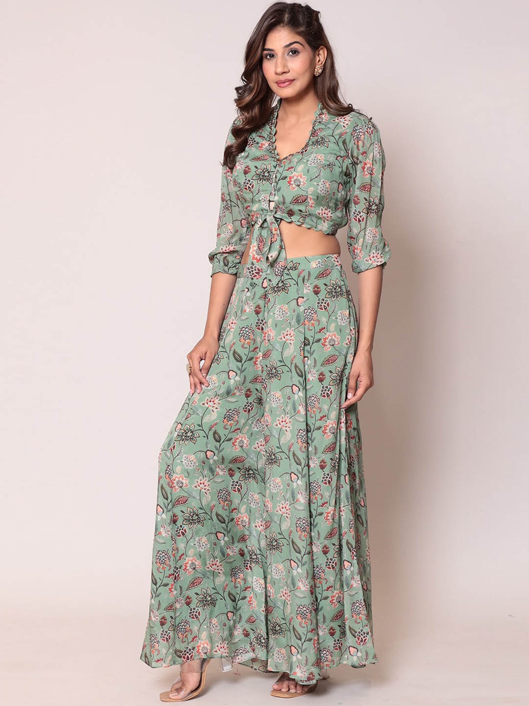 ZARI Printed Georgette Top with Palazzo Co-Ords, Green