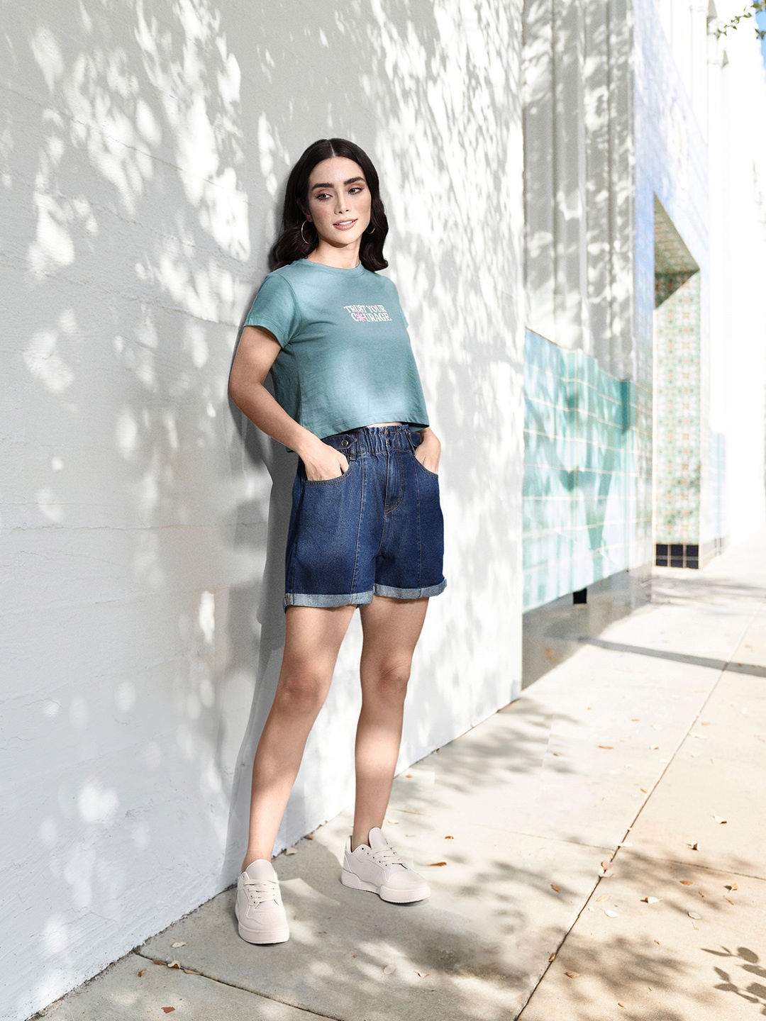Mast & Harbour Typography Printed Pure Cotton Crop T-shirt, Blue
