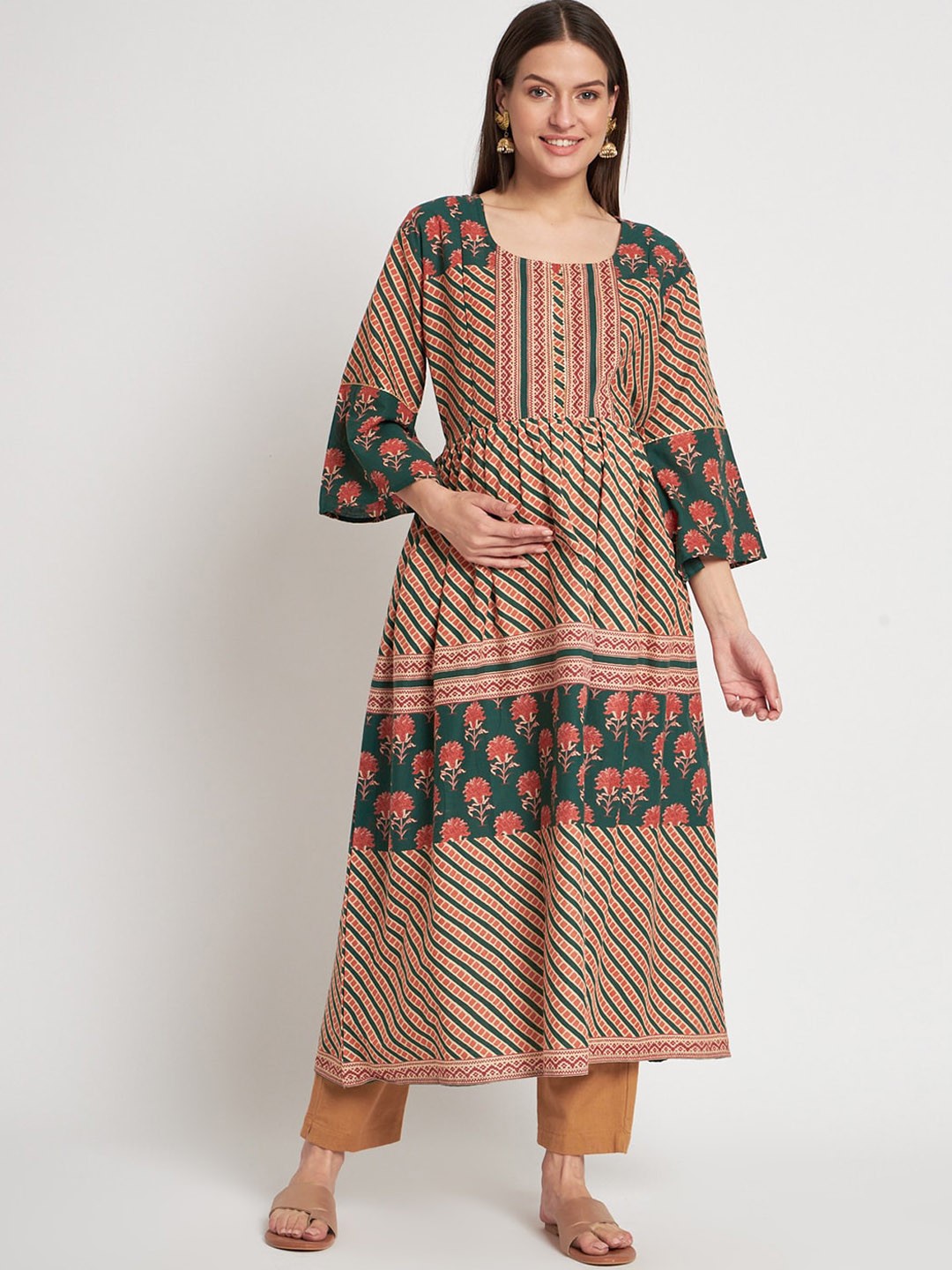 Aujjessa Floral Printed Flared Sleeves Anarkali Maternity Feeding Pure Cotton Kurta, Green
Aujjessa Floral Printed Flared Sleeves Anarkali Maternity Feeding Pure Cotton Kurta, Green