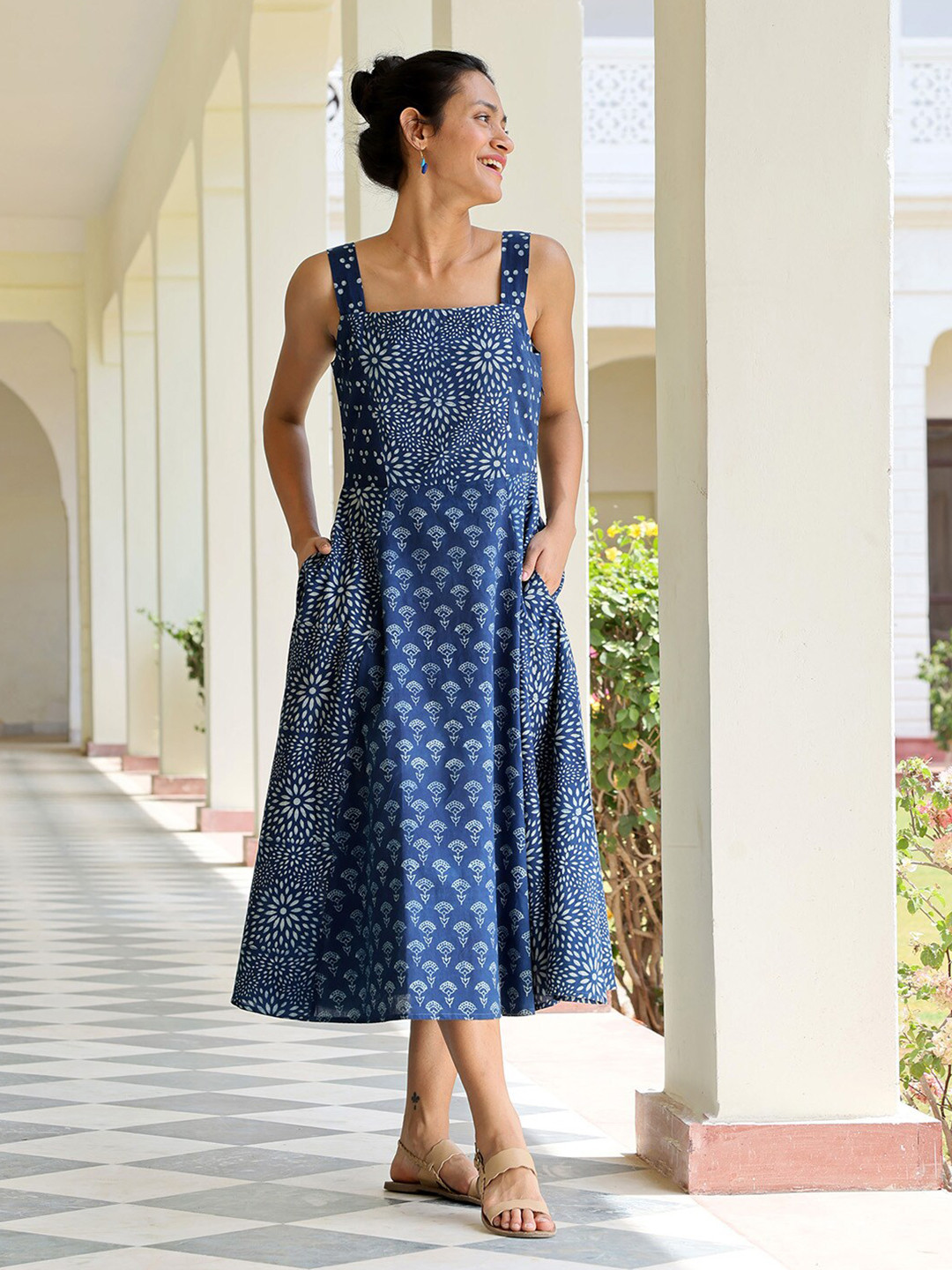 OKHAI Block Printed Square Neck Fit & Flare Midi Dress, Blue
OKHAI Block Printed Square Neck Fit & Flare Midi Dress, Blue