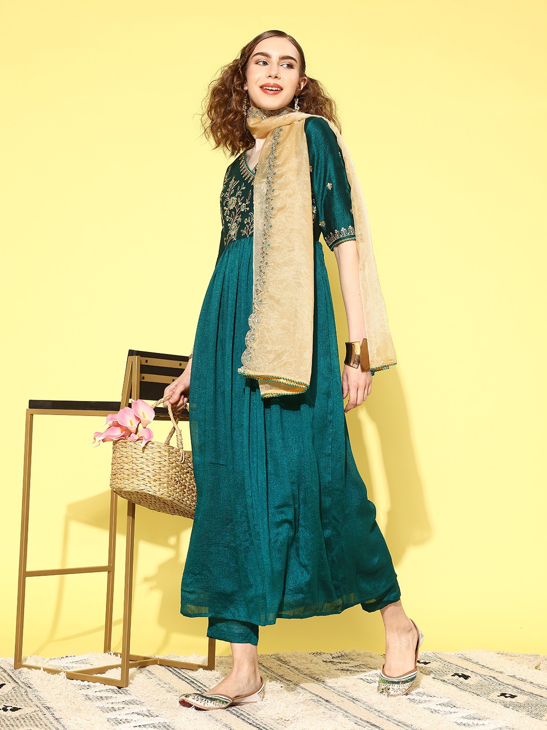 Sangria Women Floral Embroidered Angrakha Kurta with Trousers & With Dupatta, Teal
Sangria Women Floral Embroidered Angrakha Kurta with Trousers & With Dupatta, Teal