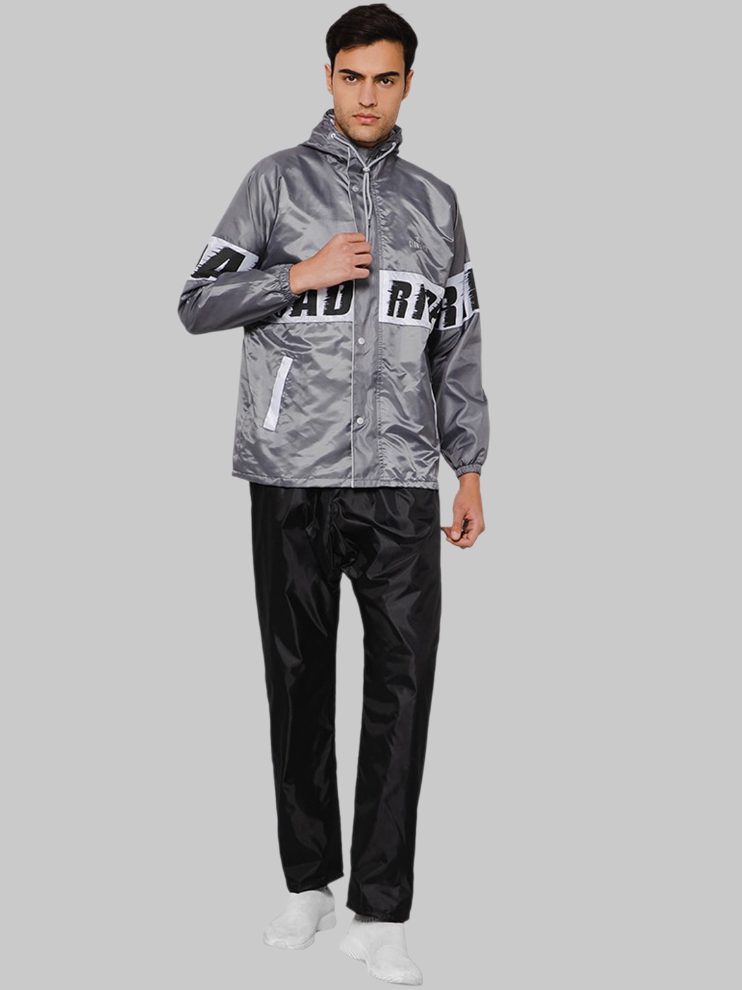 THE CLOWNFISH Plus Size Typography Printed Waterproof Double Coated Reversible Rain suit, Grey
THE CLOWNFISH Plus Size Typography Printed Waterproof Double Coated Reversible Rain suit, Grey
