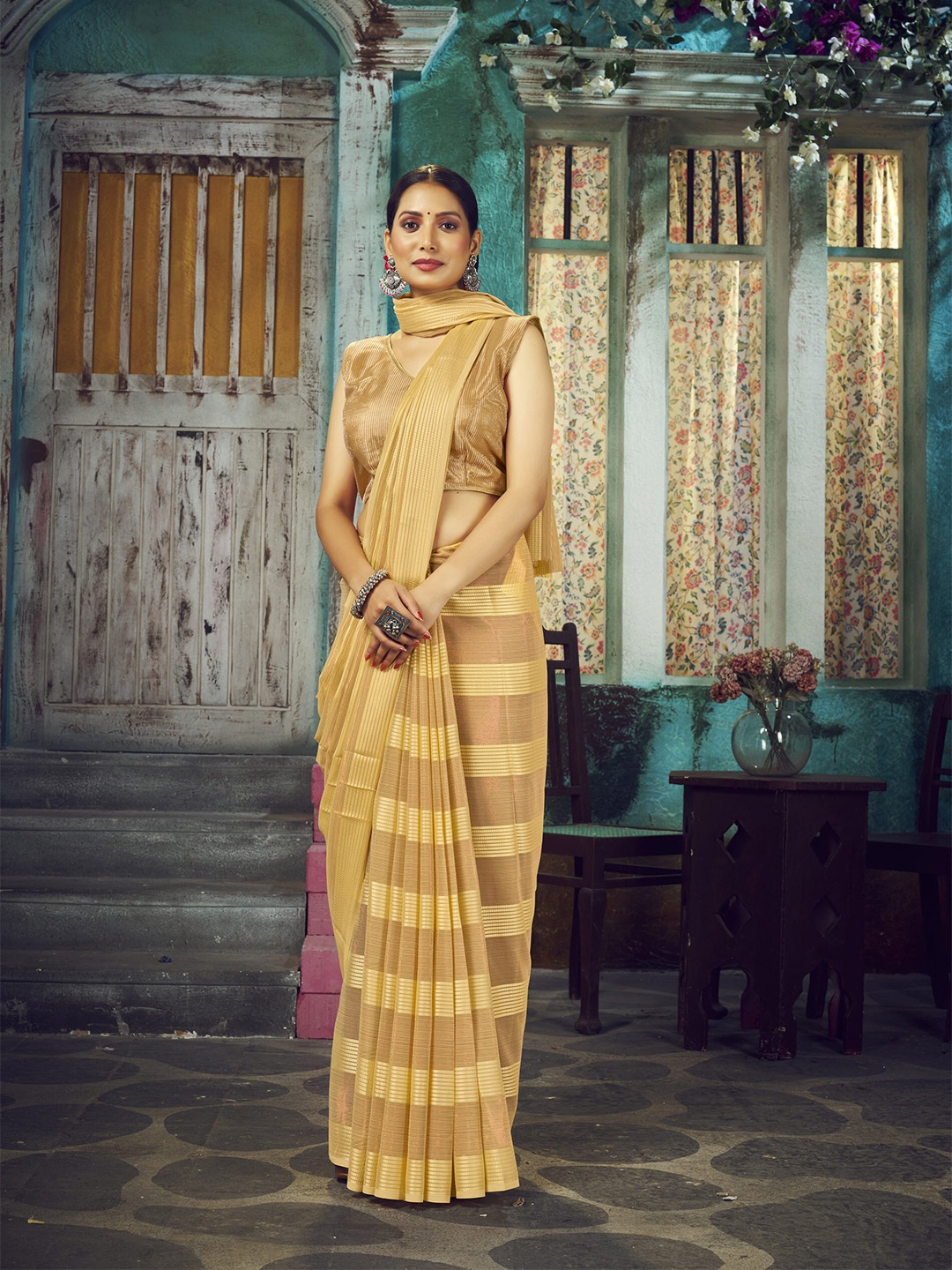 elora Striped Satin Bhagalpuri Saree, Yellow