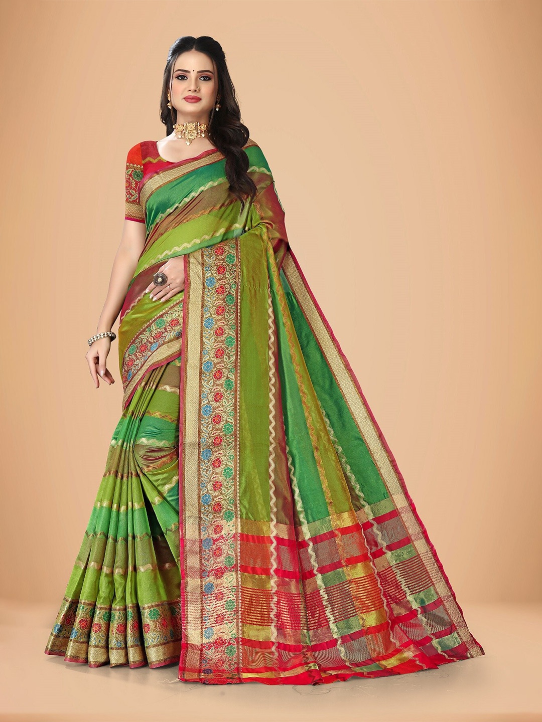Rivana Floral Woven Design Zari Banarasi Saree, Green