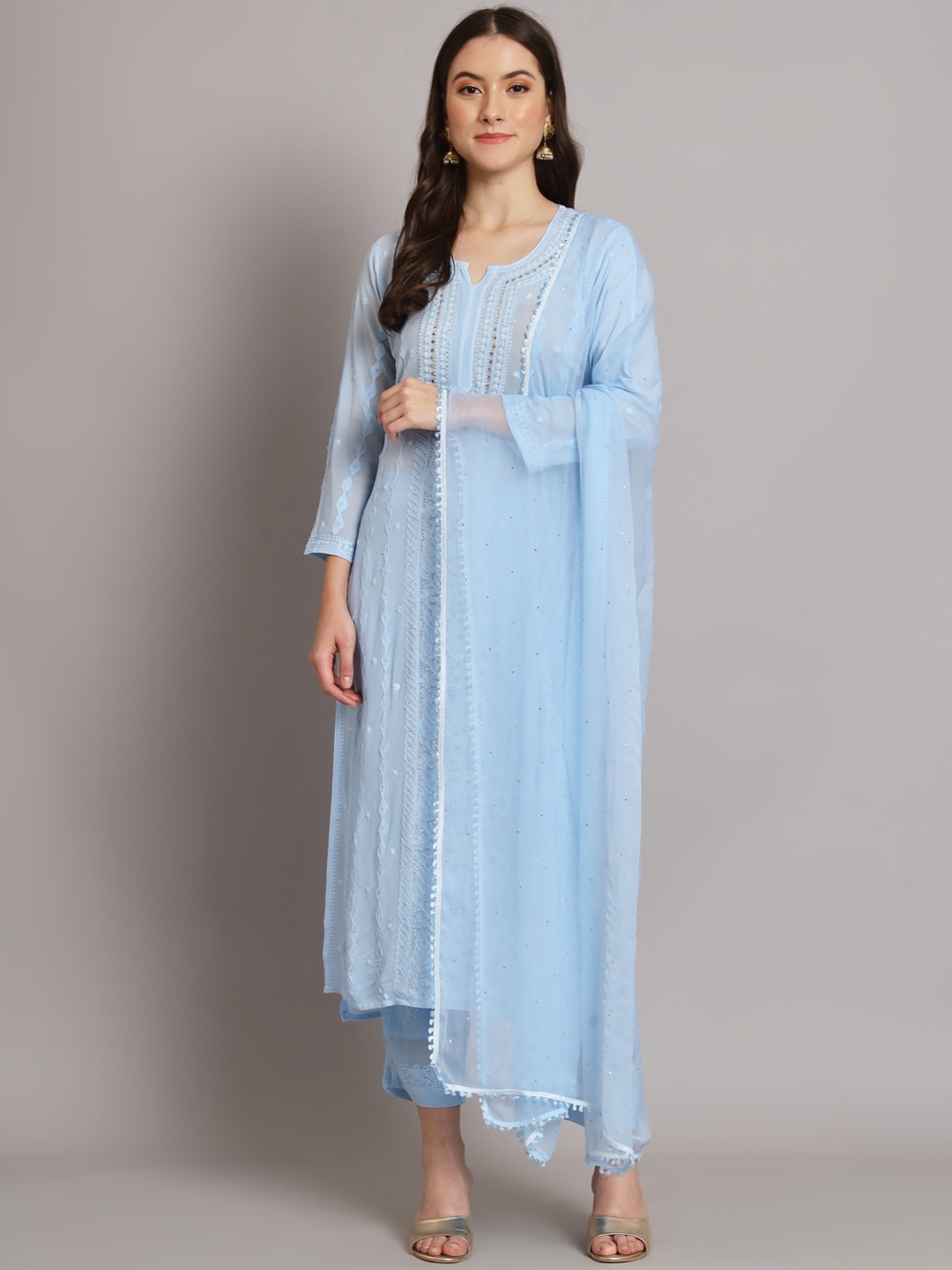PARAMOUNT CHIKAN Ethnic Motifs Chikankari Mukaish Work Kurta With Palazzos & Dupatta, Blue
PARAMOUNT CHIKAN Ethnic Motifs Chikankari Mukaish Work Kurta With Palazzos & Dupatta, Blue