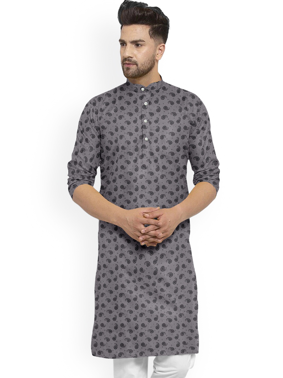 Shiv Leela Cotton Paisely Printed Band Collared Straight Kurta, Grey