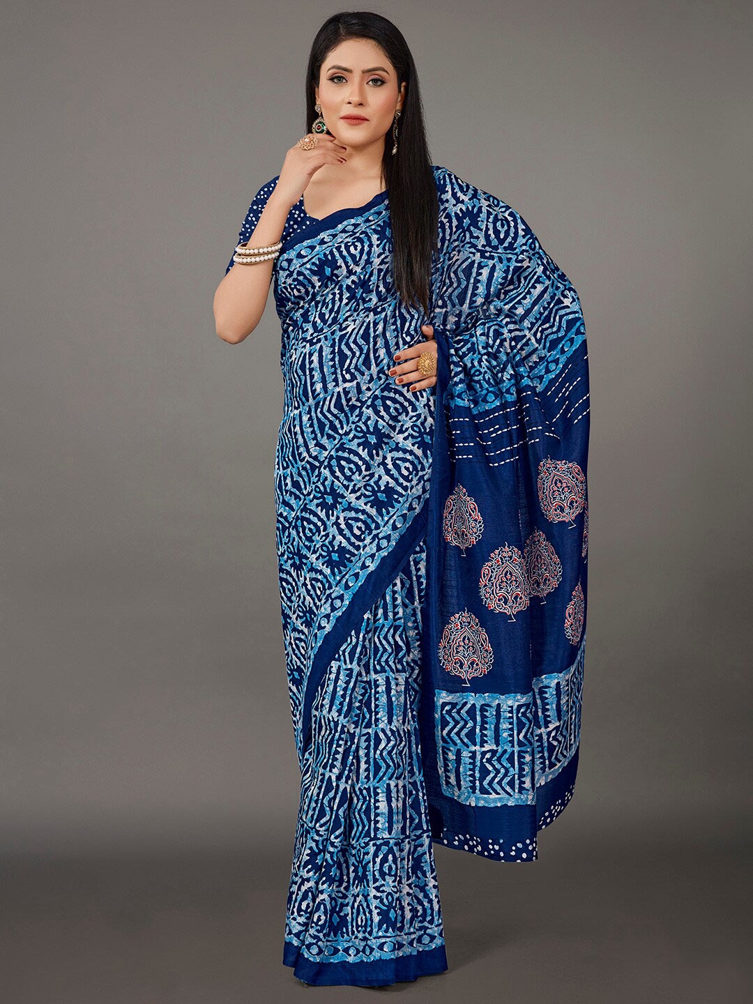 KALINI Ethnic Motifs Art Silk Ikat Saree, Blue