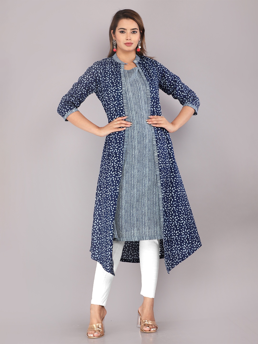 KANNAHI Women Geometric Printed Band Collar Cotton A-Line Kurta With Shrug, Blue
KANNAHI Women Geometric Printed Band Collar Cotton A-Line Kurta With Shrug, Blue