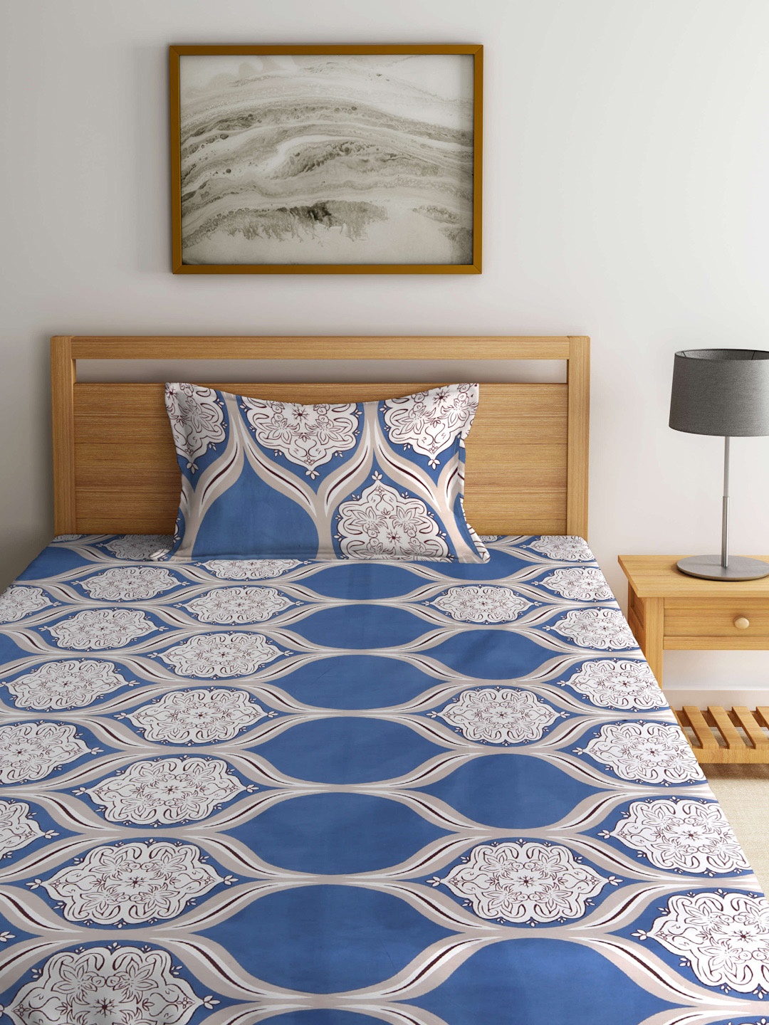Arrabi Beige & Blue Ethnic Motifs Printed 300 TC Fitted Single Bedsheet & Pillow Cover
Arrabi Beige & Blue Ethnic Motifs Printed 300 TC Fitted Single Bedsheet & Pillow Cover