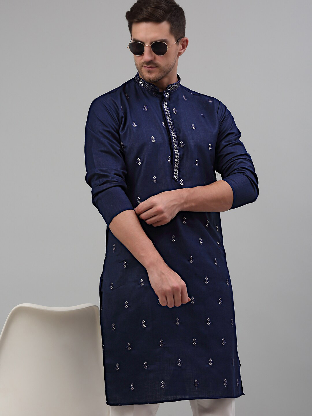 Jompers Ethnic Motifs Embroidered Sequined Pure Cotton Straight Kurta With Pyjamas, Navy blue
Jompers Ethnic Motifs Embroidered Sequined Pure Cotton Straight Kurta With Pyjamas, Navy blue