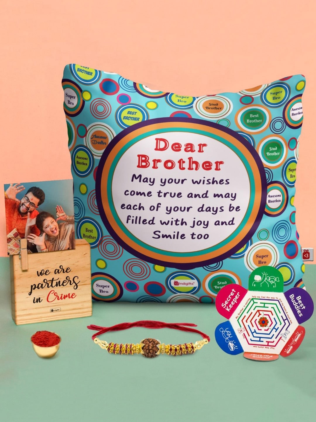 Indigifts Dear Brother Quote Printed Cushion Clip Wooden Photo Stand And Rakhi, Multi
Indigifts Dear Brother Quote Printed Cushion Clip Wooden Photo Stand And Rakhi, Multi