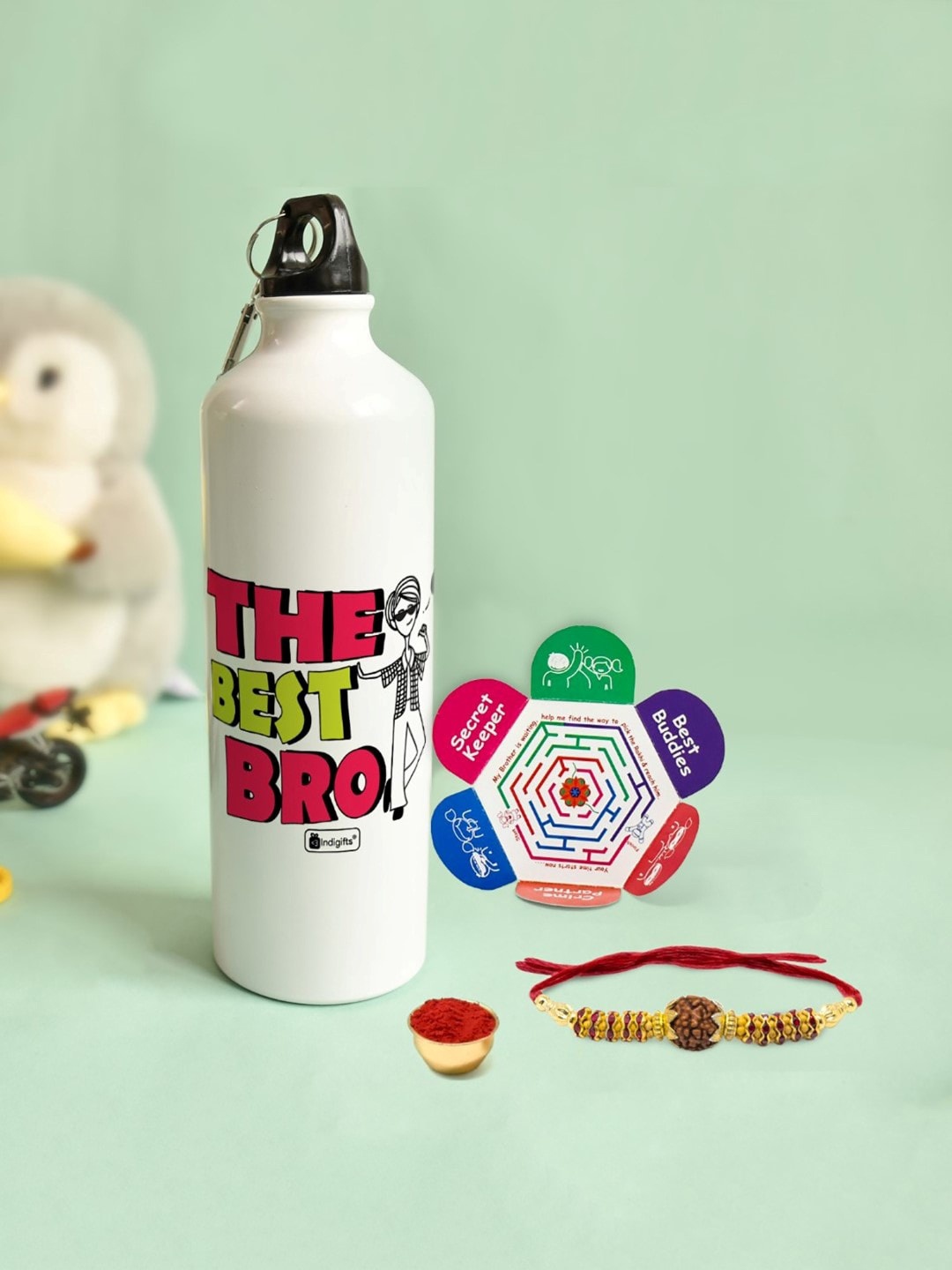 Indigifts Set Of 4 Rudhrakshi Rakhi With Roli & Greeting Card with Water Bottle, White
Indigifts Set Of 4 Rudhrakshi Rakhi With Roli & Greeting Card with Water Bottle, White