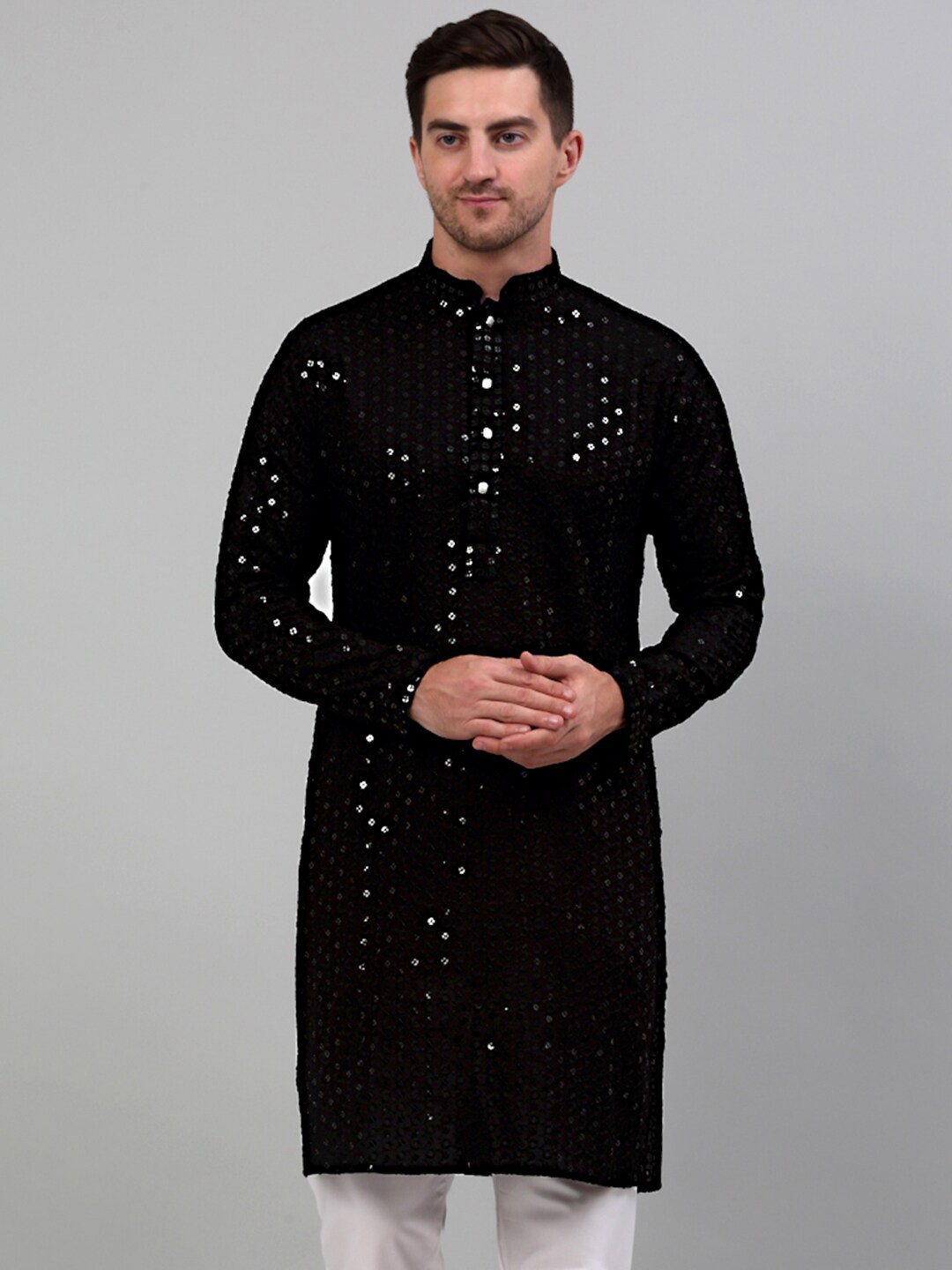 Jompers Geometric Embroidered Sequined Mandarin Collar Pure Cotton Kurta, Black
Jompers Geometric Embroidered Sequined Mandarin Collar Pure Cotton Kurta, Black