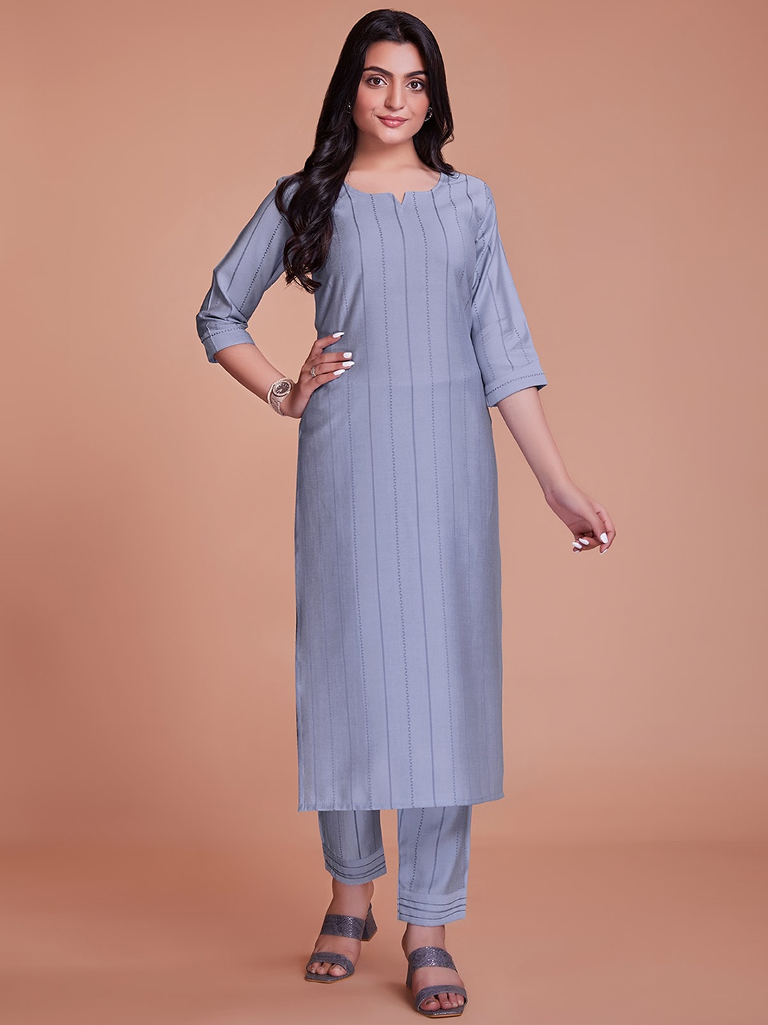 ODETTE Striped Kurta with Trousers, Grey