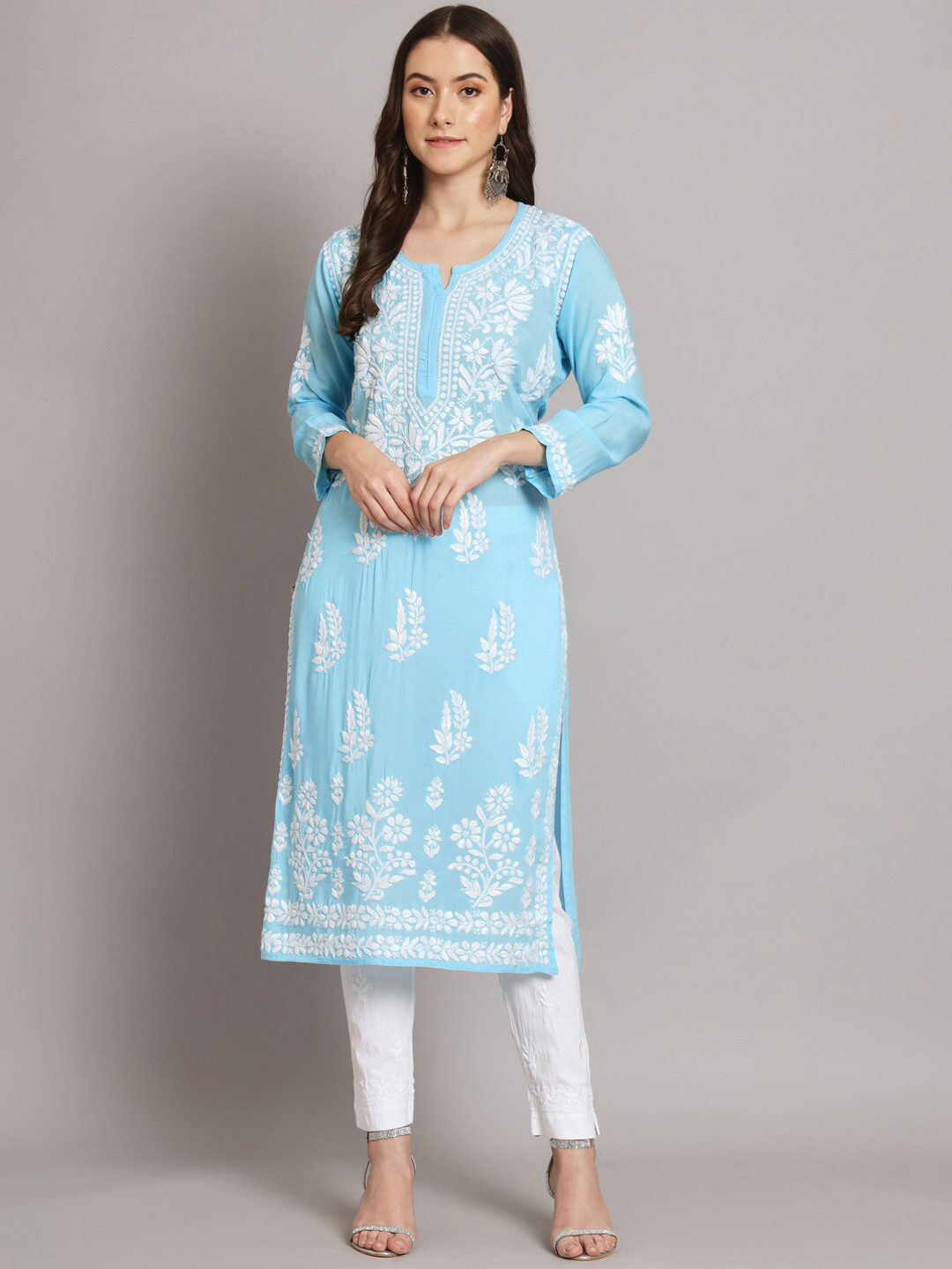 PARAMOUNT CHIKAN Ethnic Motifs Embroidered Thread Work Chikankari Kurta, Turquoise blue
PARAMOUNT CHIKAN Ethnic Motifs Embroidered Thread Work Chikankari Kurta, Turquoise blue