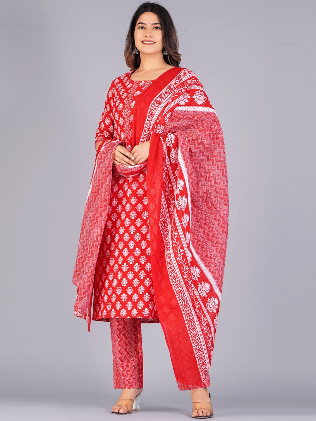 KALINI Ethnic Motifs Printed Regular Mirror Work Pure Cotton Kurta With Trousers & Dupatta, Red
KALINI Ethnic Motifs Printed Regular Mirror Work Pure Cotton Kurta With Trousers & Dupatta, Red