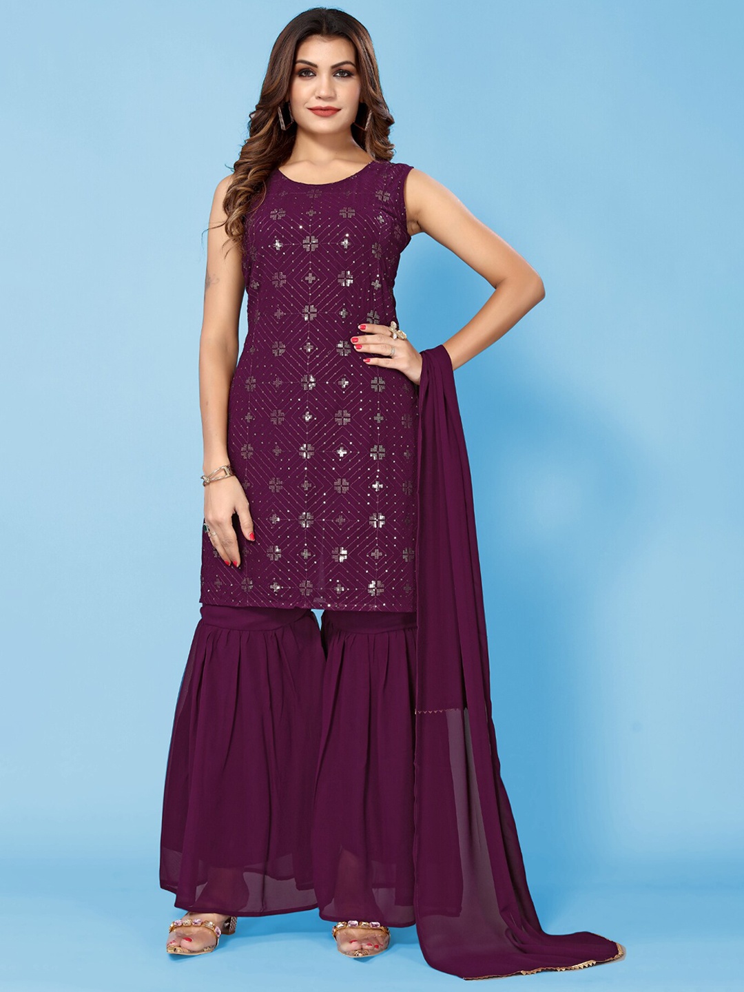 Happy Design Ethnic Motifs Embroidered Regular Sequinned Kurti with Sharara & Dupatta, Purple
Happy Design Ethnic Motifs Embroidered Regular Sequinned Kurti with Sharara & Dupatta, Purple