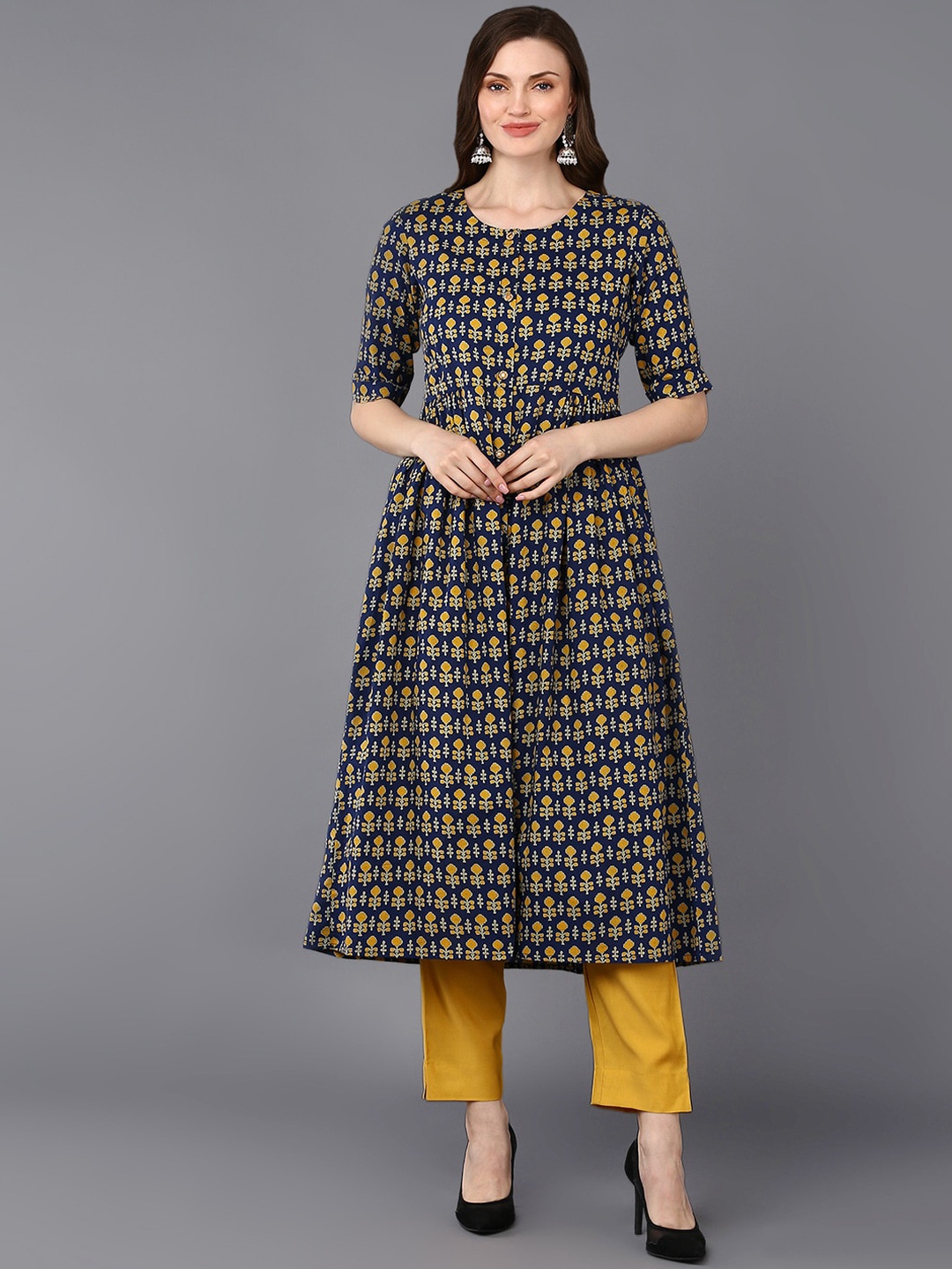 AHIKA Navy Blue Floral Printed Cotton A-Line Kurta