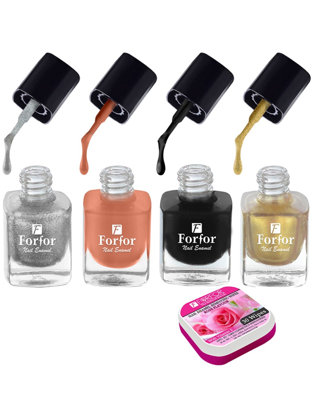 FORFOR Set of 4 Perfect Stay Fast Dry Glossy Nail Enamel - 5ml each & 30 Removal Wipes, Multi
FORFOR Set of 4 Perfect Stay Fast Dry Glossy Nail Enamel - 5ml each & 30 Removal Wipes, Multi