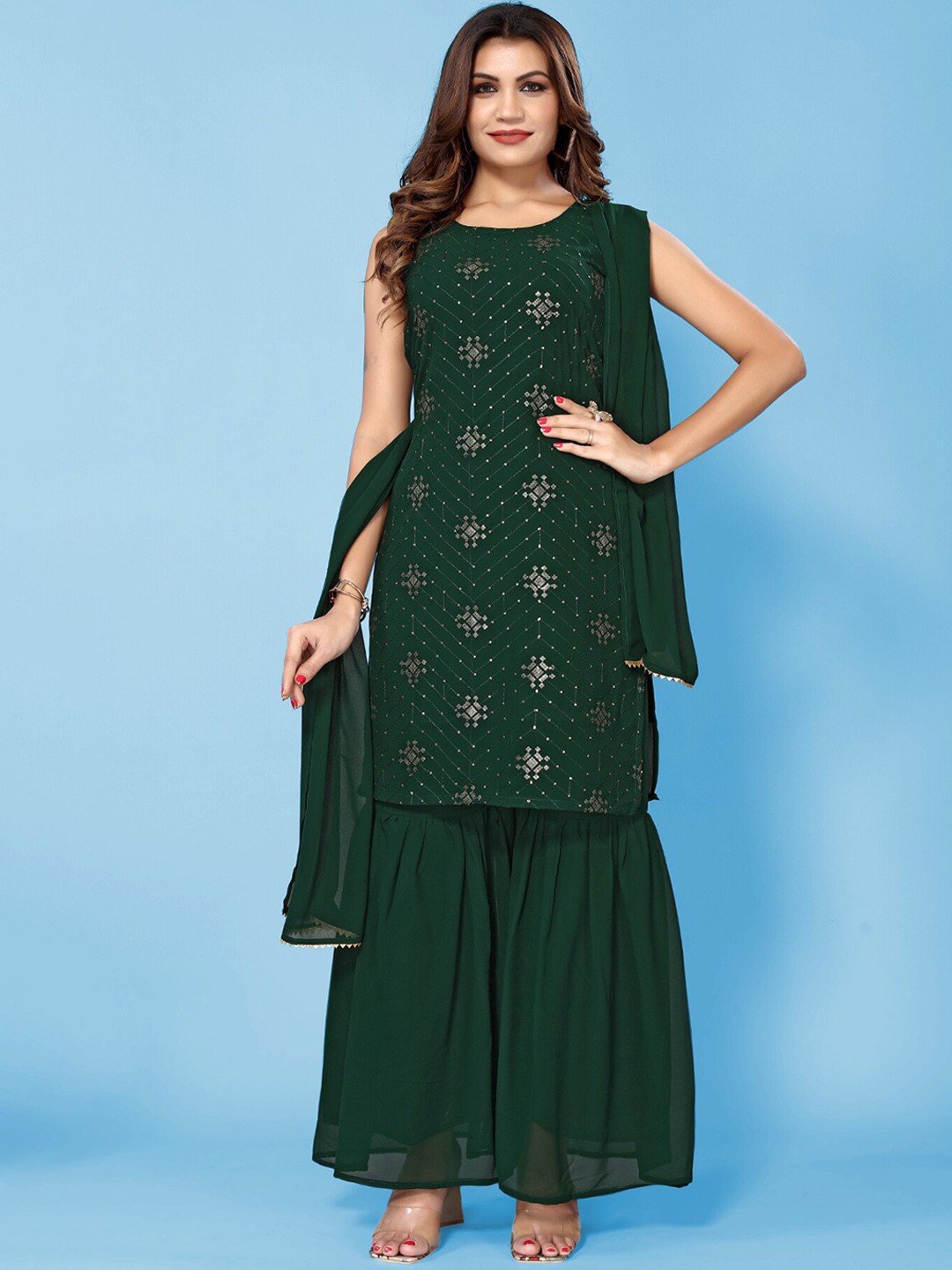 Happy Design Ethnic Motifs Embroidered Sequinned Kurta & Sharara With Dupatta, Green
Happy Design Ethnic Motifs Embroidered Sequinned Kurta & Sharara With Dupatta, Green