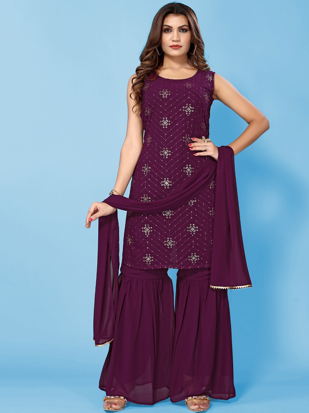 Happy Design Ethnic Motifs Embroidered Regular Sequinned Kurti with Sharara & Dupatta, Purple
Happy Design Ethnic Motifs Embroidered Regular Sequinned Kurti with Sharara & Dupatta, Purple