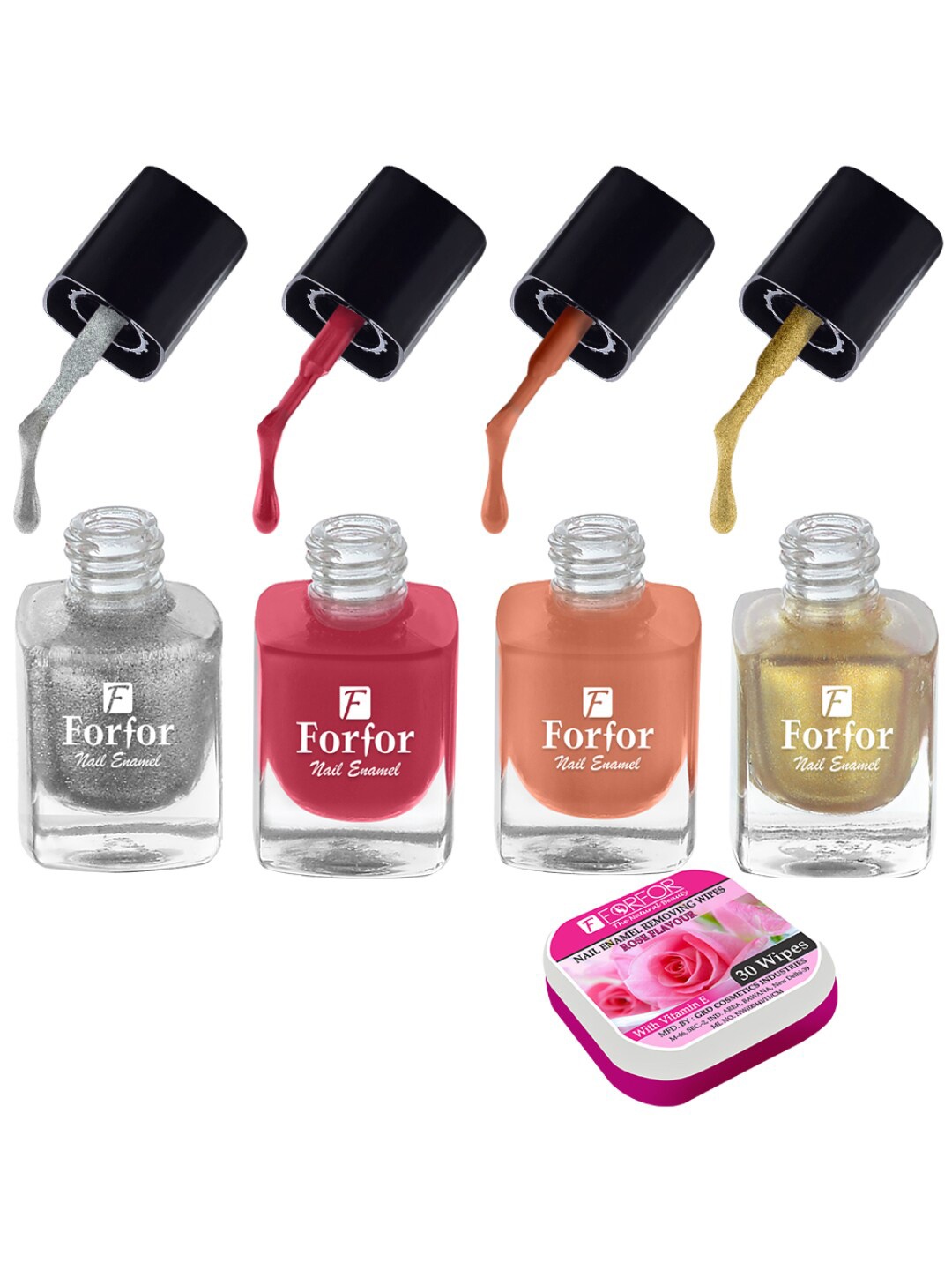 FORFOR Set of 4 Perfect Stay Fast Dry Glossy Nail Enamel - 5ml each & 30 Removal Wipes, Multi
FORFOR Set of 4 Perfect Stay Fast Dry Glossy Nail Enamel - 5ml each & 30 Removal Wipes, Multi