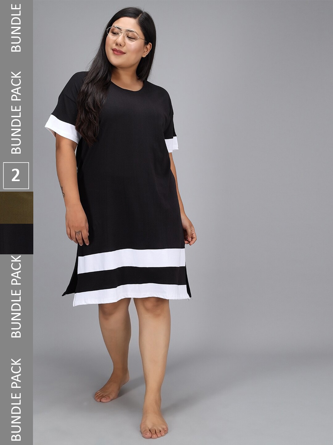 Christy World Pack Of 2 Striped Pure Cotton T-shirt Nightdress, Black