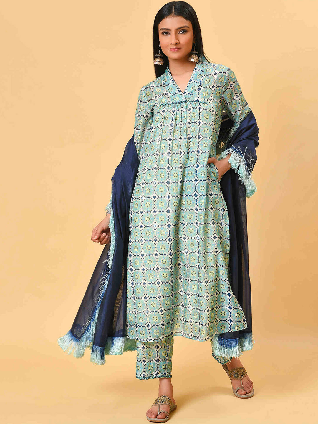 NUHH Geometric Printed A-Line Kurta With Trousers & Dupatta, Blue
NUHH Geometric Printed A-Line Kurta With Trousers & Dupatta, Blue