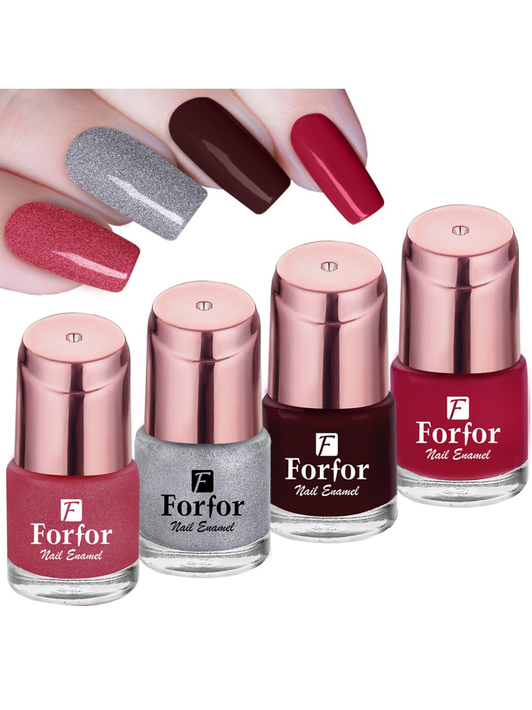 FORFOR Set of 4 Perfect Stay Rose Gold Glossy Long-Lasting Nail Polishes - 6ml each, Pink
FORFOR Set of 4 Perfect Stay Rose Gold Glossy Long-Lasting Nail Polishes - 6ml each, Pink