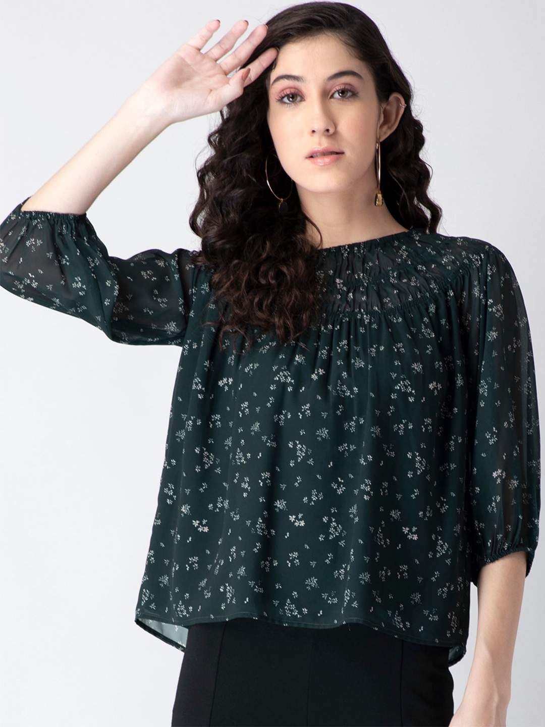 FabAlley Green Floral Printed Puff Sleeve Georgette A-Line Top