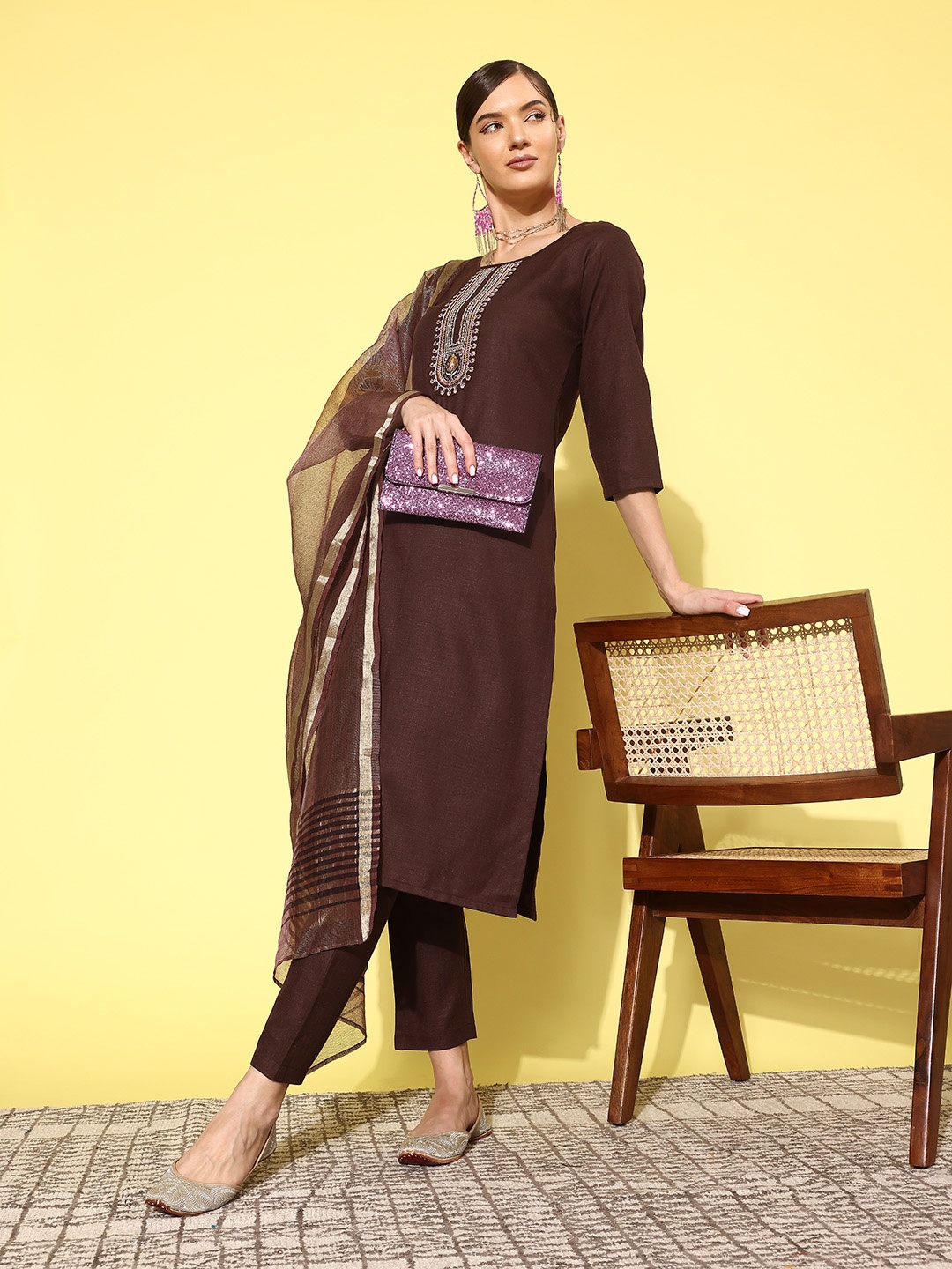 SheWill Ethnic Motifs Embroidered Regular Sequinned Kurta with Trousers & Dupatta, Brown
SheWill Ethnic Motifs Embroidered Regular Sequinned Kurta with Trousers & Dupatta, Brown