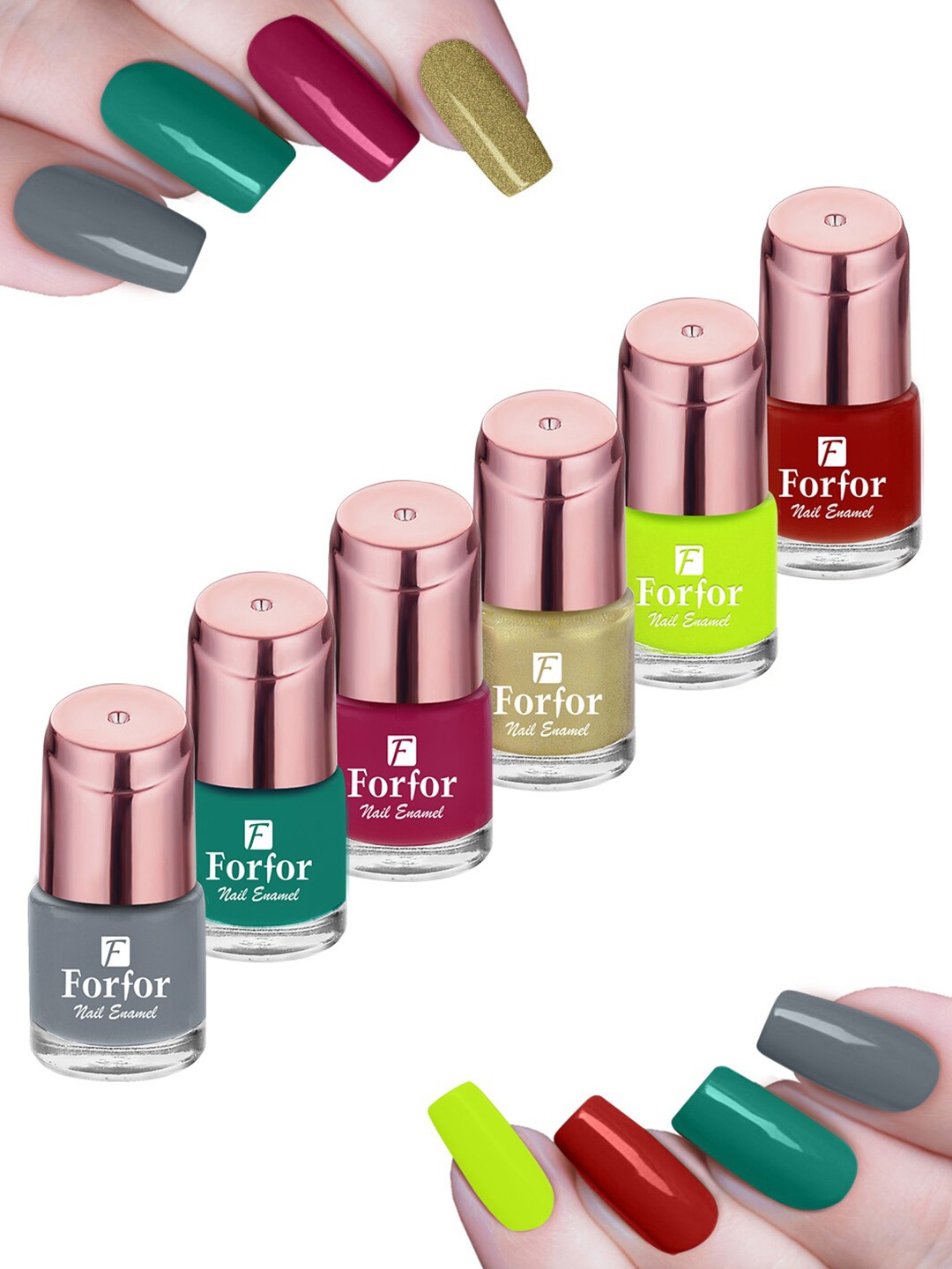 FORFOR Set of 6 Perfect Stay Rose Gold Glossy Long-Lasting Nail Polishes - 6ml each, Green
FORFOR Set of 6 Perfect Stay Rose Gold Glossy Long-Lasting Nail Polishes - 6ml each, Green