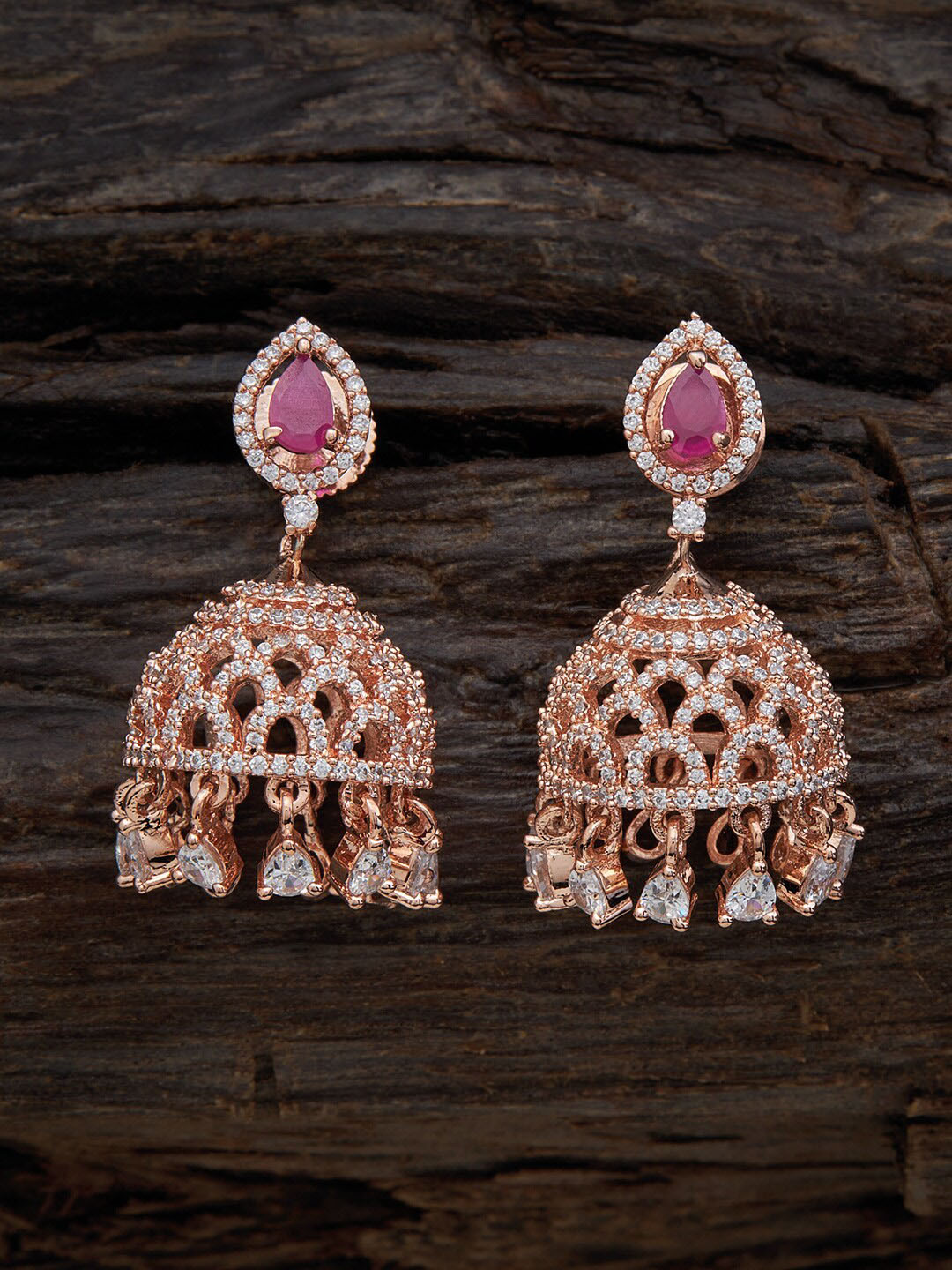 Kushal's Fashion Jewellery Rose Gold Plated Zircon Studded Dome Shaped Jhumkas 
Kushal's Fashion Jewellery Rose Gold Plated Zircon Studded Dome Shaped Jhumkas