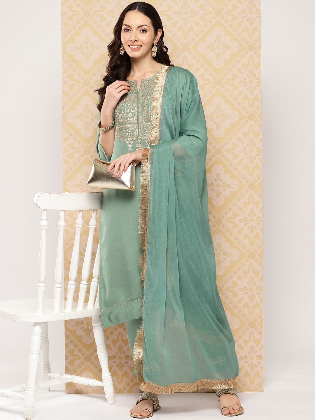 Varanga Women Ethnic Motifs Yoke Design Regular Gotta Patti Kurta with Trousers & Dupatta, Sea green 
Varanga Women Ethnic Motifs Yoke Design Regular Gotta Patti Kurta with Trousers & Dupatta, Sea green