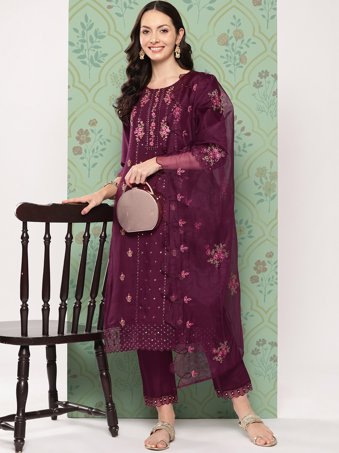 Varanga Women Floral Embroidered Thread Work Chanderi Silk Kurta with Trousers & Dupatta, Burgundy
Varanga Women Floral Embroidered Thread Work Chanderi Silk Kurta with Trousers & Dupatta, Burgundy
