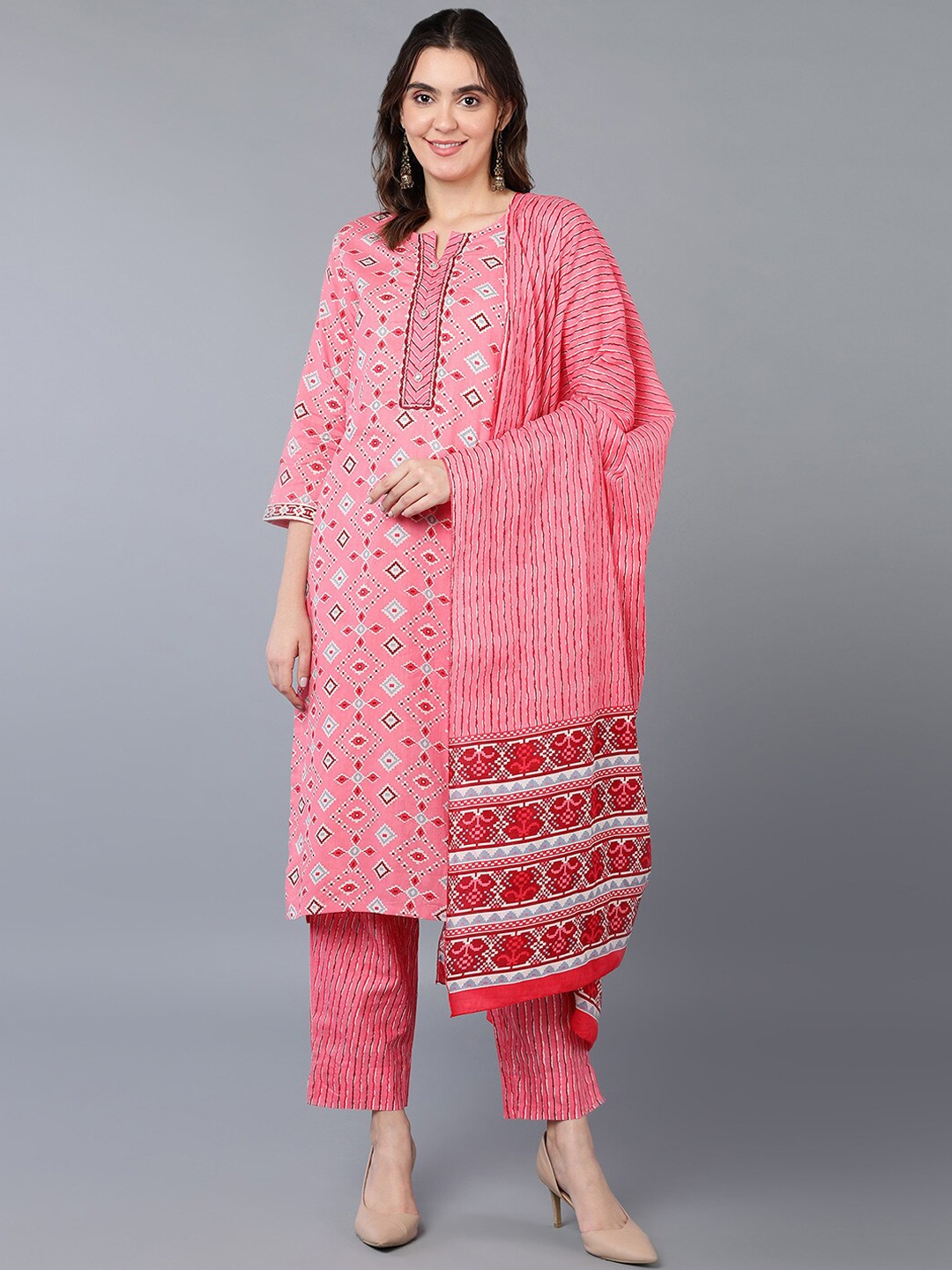 AHIKA Pink And Blue Geometric Printed Regular Pure Cotton Kurta with Trousers & Dupatta
AHIKA Pink And Blue Geometric Printed Regular Pure Cotton Kurta with Trousers & Dupatta