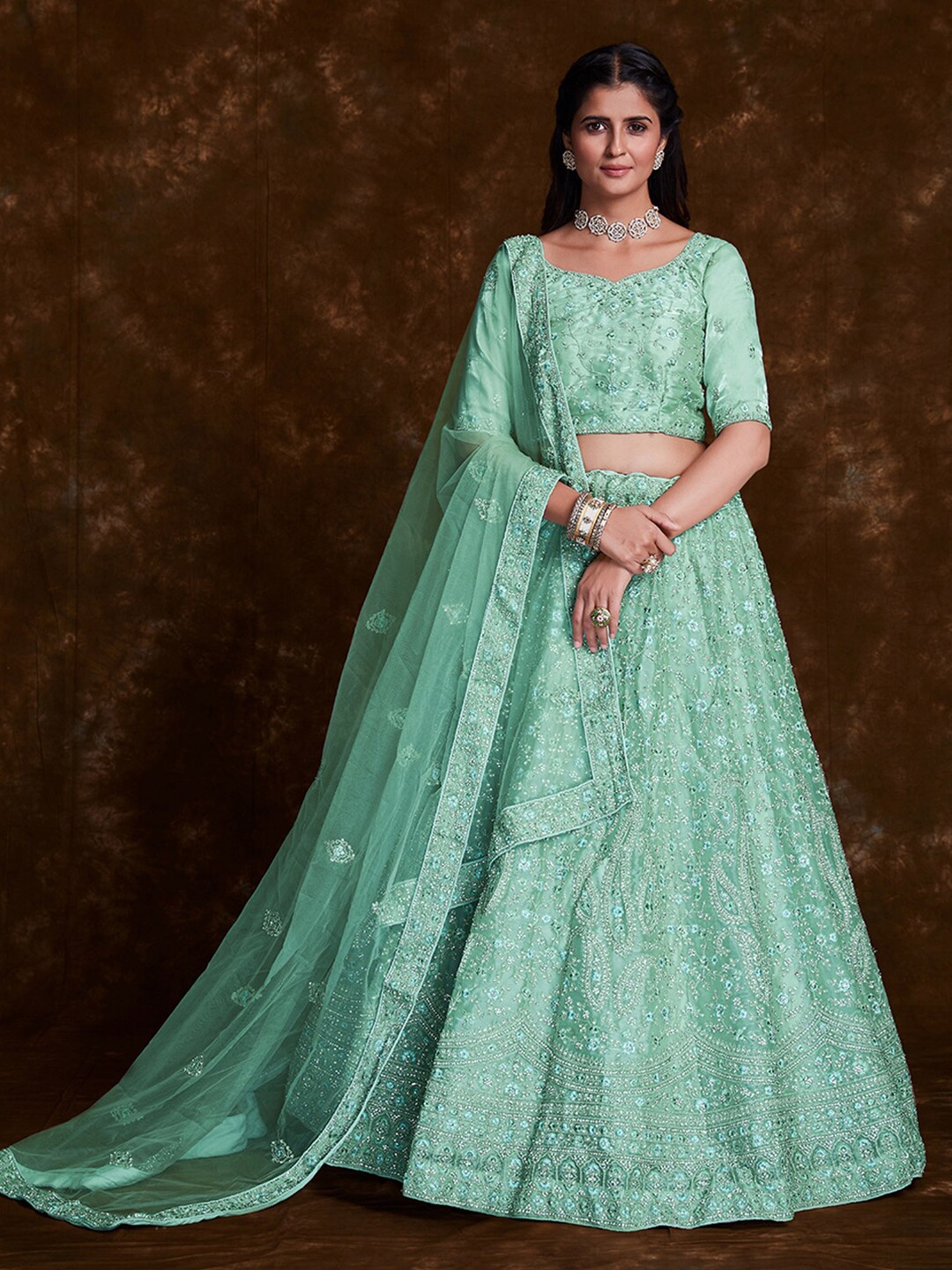 Fusionic Embroidered Thread Work Semi-Stitched Lehenga & Unstitched Blouse With Dupatta, Sea green
Fusionic Embroidered Thread Work Semi-Stitched Lehenga & Unstitched Blouse With Dupatta, Sea green