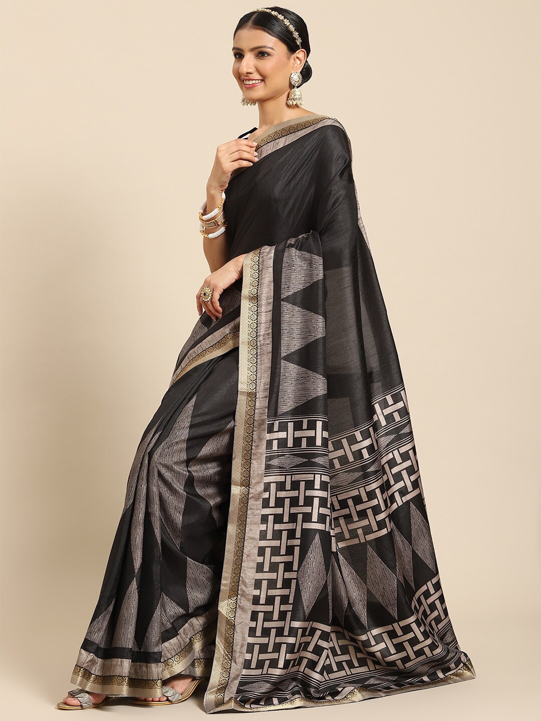 all about you Black & Grey Geometric Printed Saree
