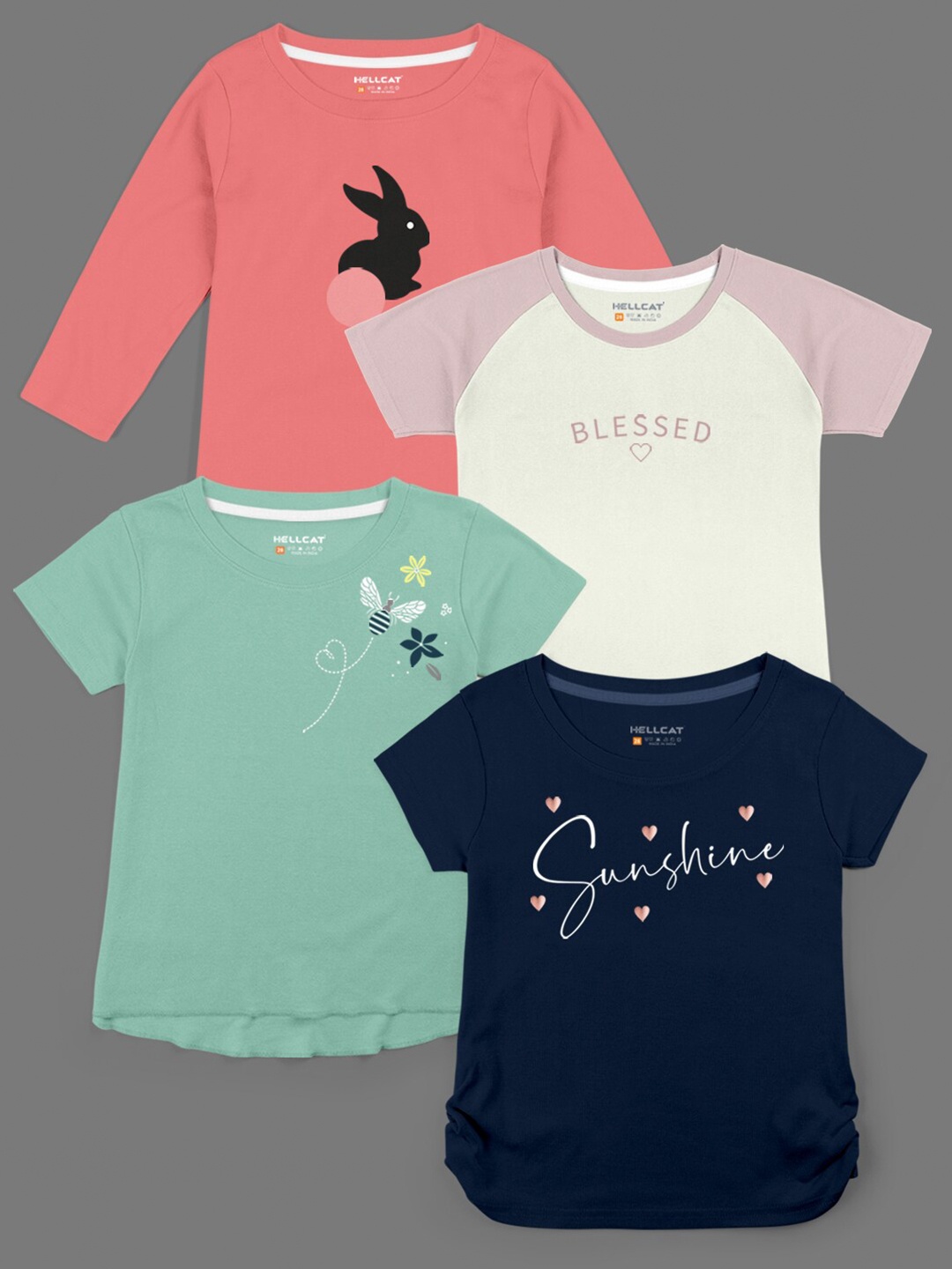 HELLCAT Girls Pack Of 4 Printed Cotton T-shirts, Navy blue