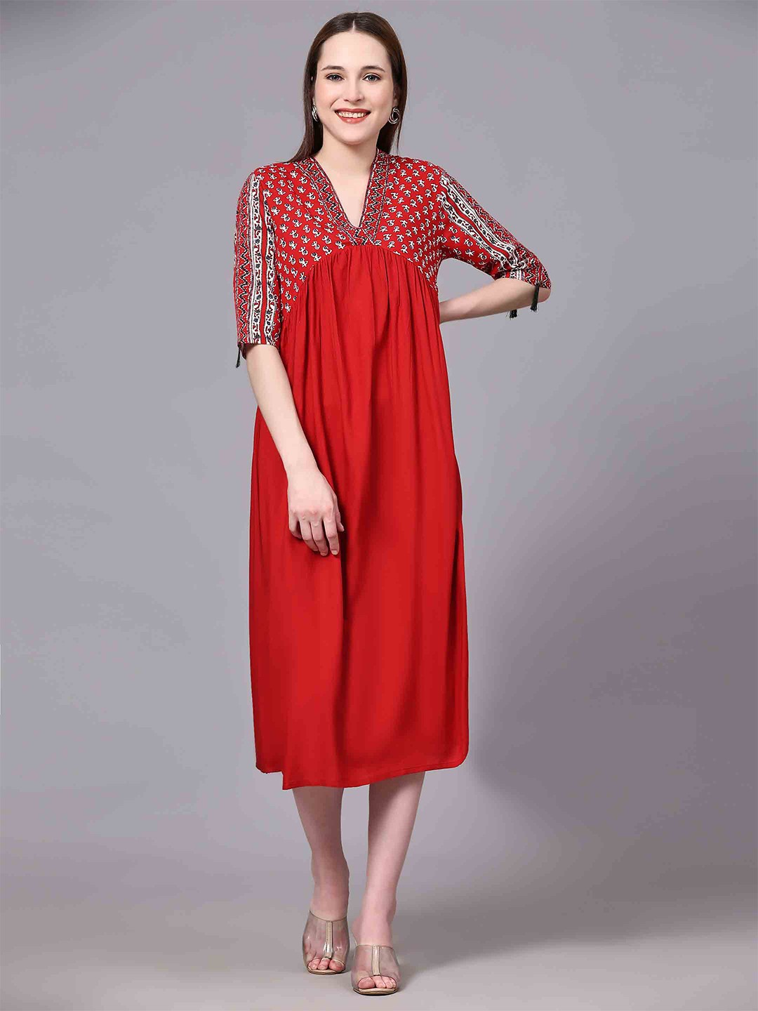 JAIPUR FASHION MODE Ethnic Motifs Printed V Neck Empire Dress, Orange