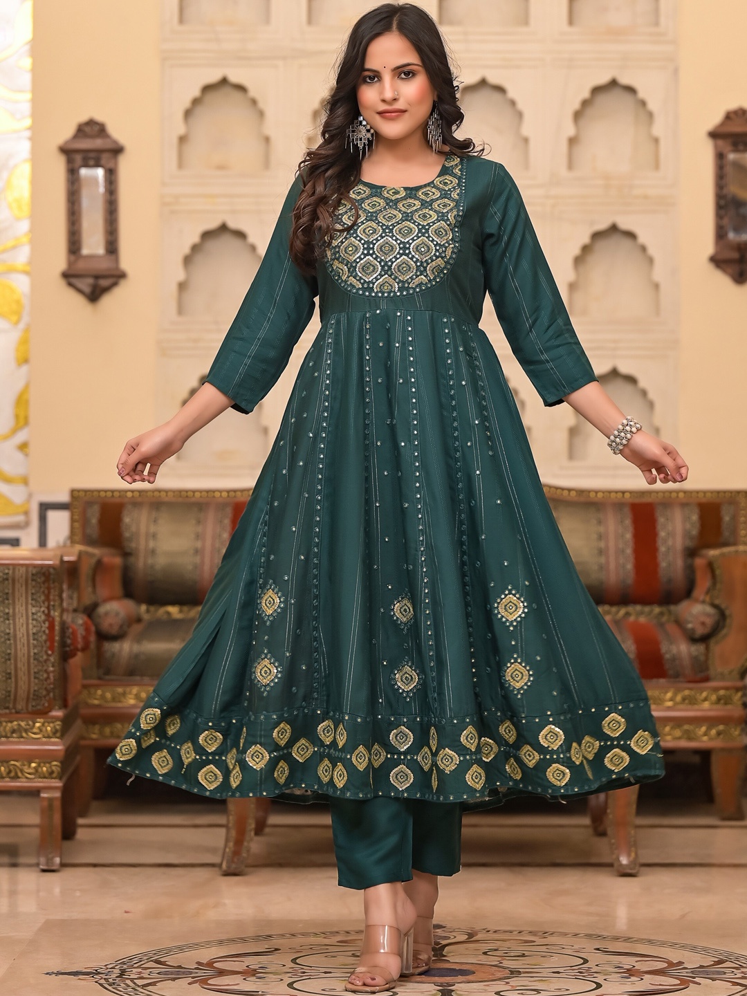 Sangria Embroidered Mirror Work Anarkali Kurta With Trouser & Dupatta, Green