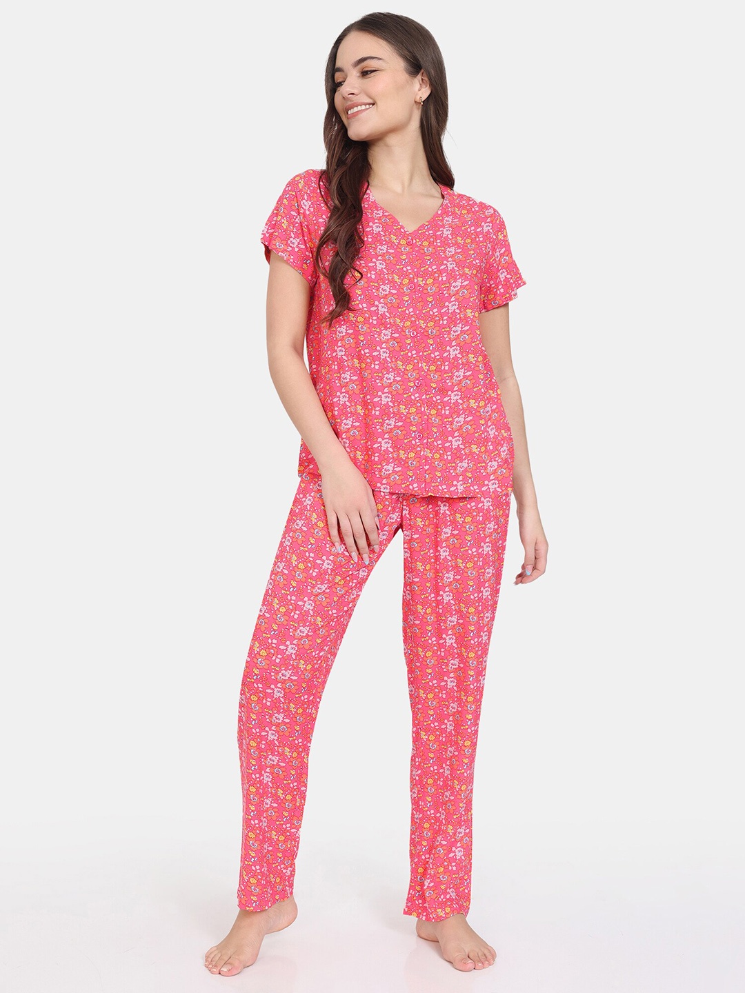 Zivame Floral Printed Night Suit, Red