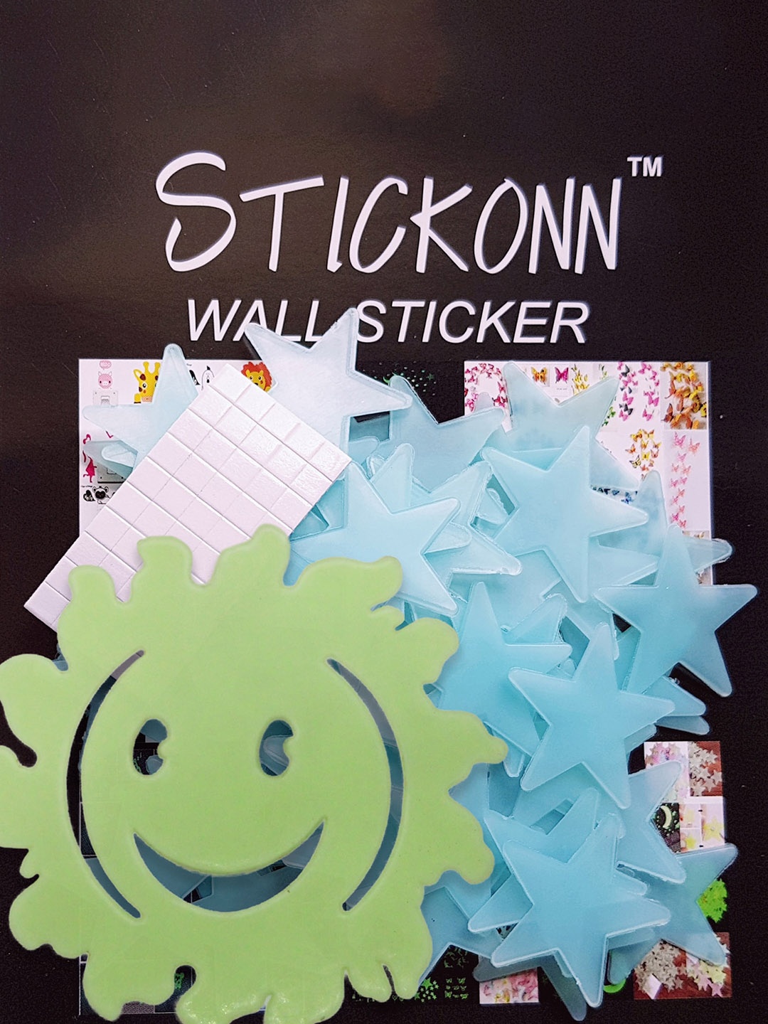 JENNA 60 Pieces Fluorescent Glow In The Dark Stars & Sun Wall Stickers, Blue