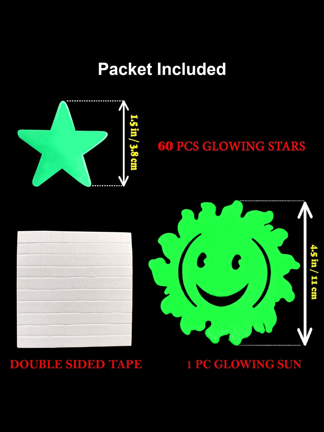 JENNA 61 Pieces Fluorescent Glow in The Dark Star Wall Stickers, Fluorescent green