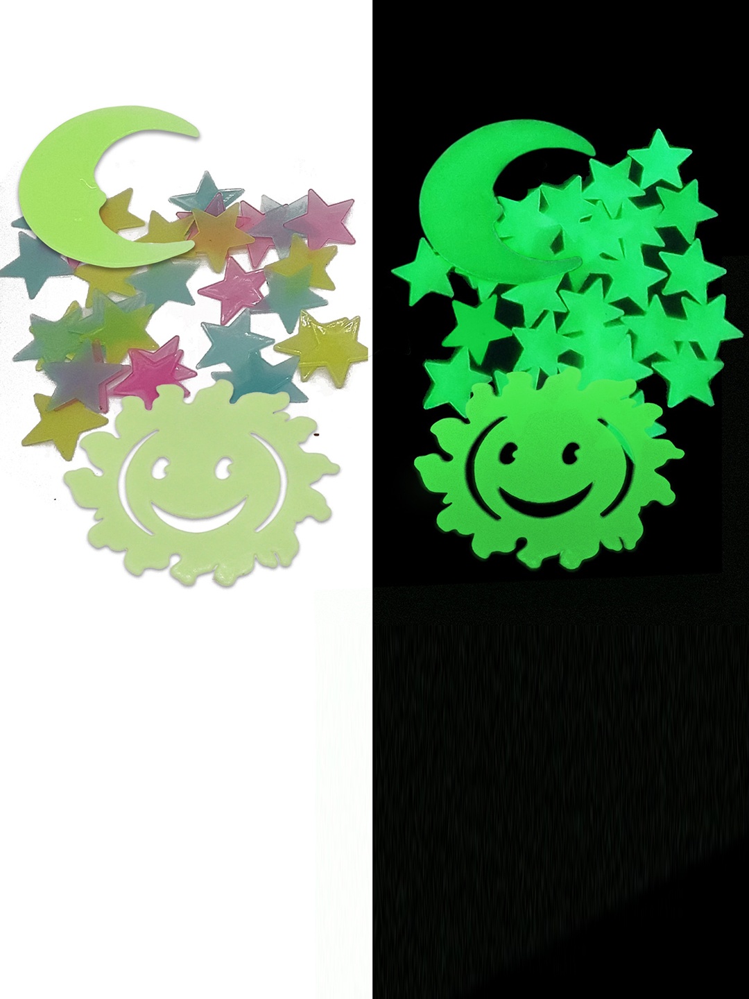 JENNA 30 Pieces Fluorescent Glow In The Dark Stars Sun & Moon Wall Stickers, Fluorescent green