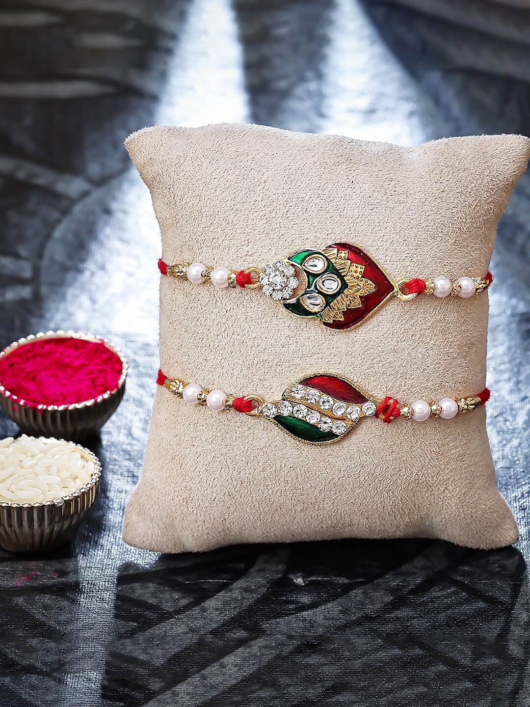 Sukkhi Rakhi Men Set Of 2 Gold-Plated Kundan Studded Rakhi with Roli Chawal and Greeting Card
Sukkhi Rakhi Men Set Of 2 Gold-Plated Kundan Studded Rakhi with Roli Chawal and Greeting Card