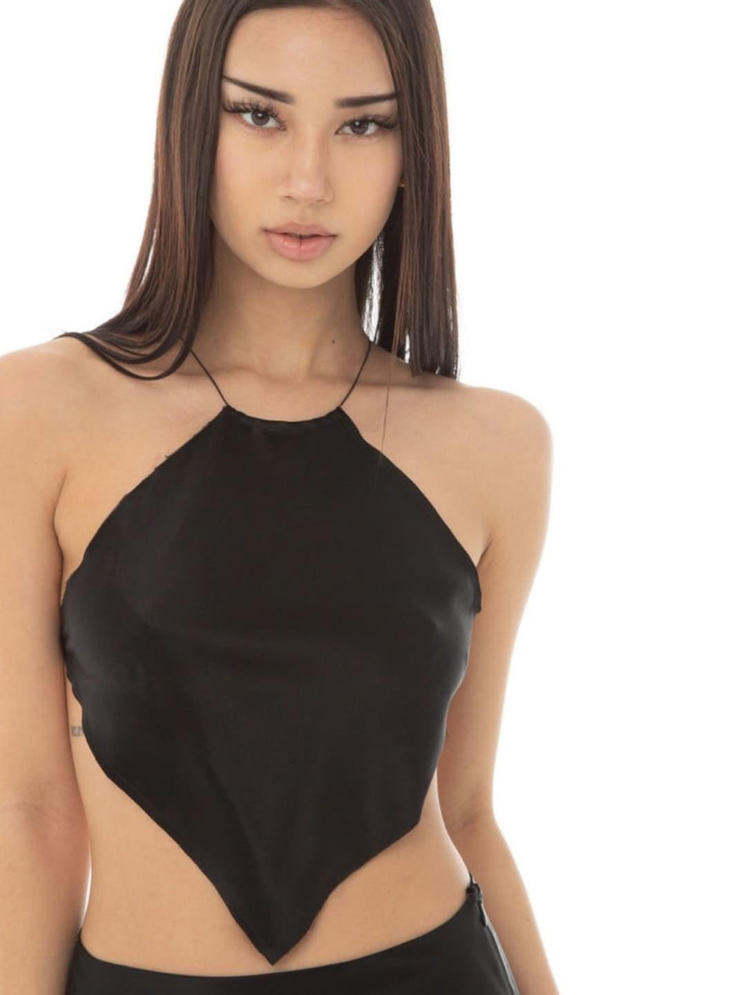 Styched Halter Neck Satin Crop Top, Black