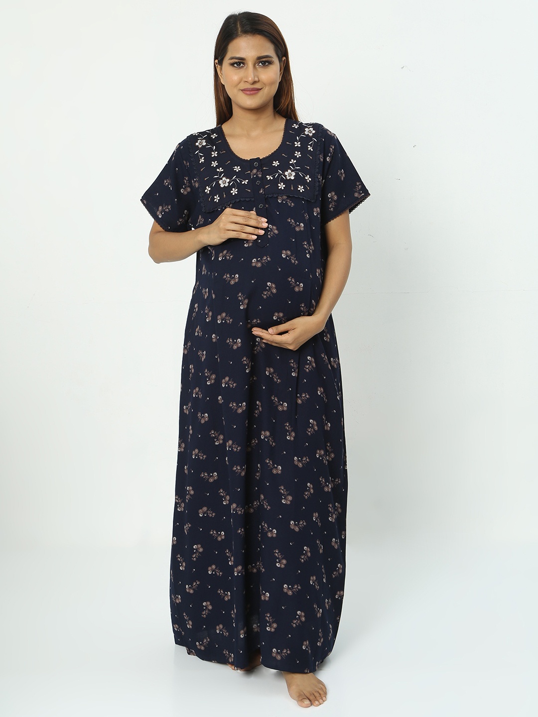 9shines Label Blue Printed Maternity Maxi Nightdress