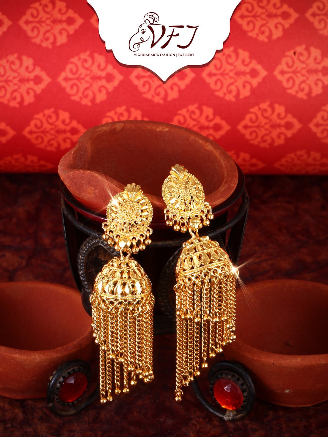 Vighnaharta Gold Plated Floral Jhumkas Earrings